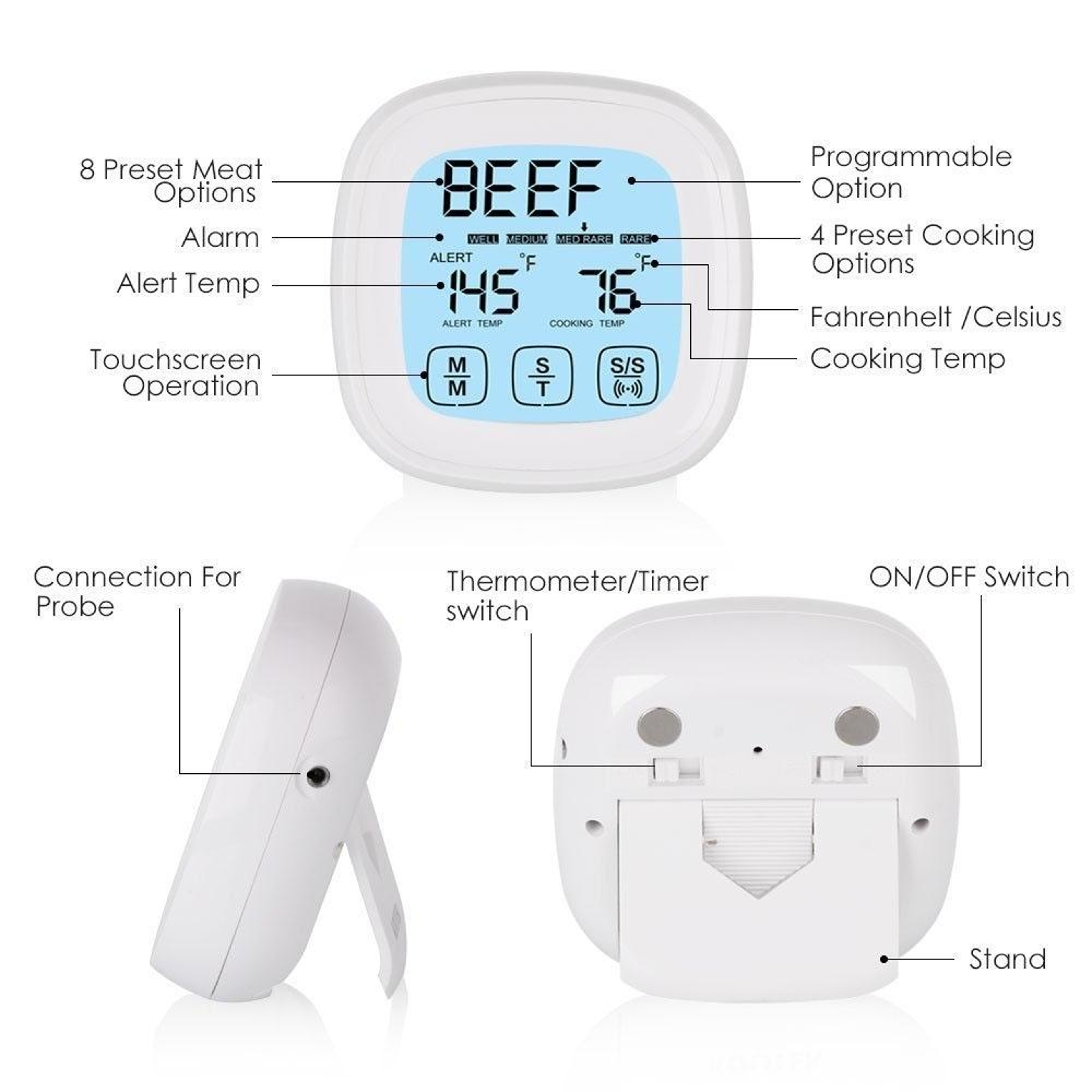 Premium Touch Screen Kitchen Thermometer With Programmable BBQ Temperature Timer 1