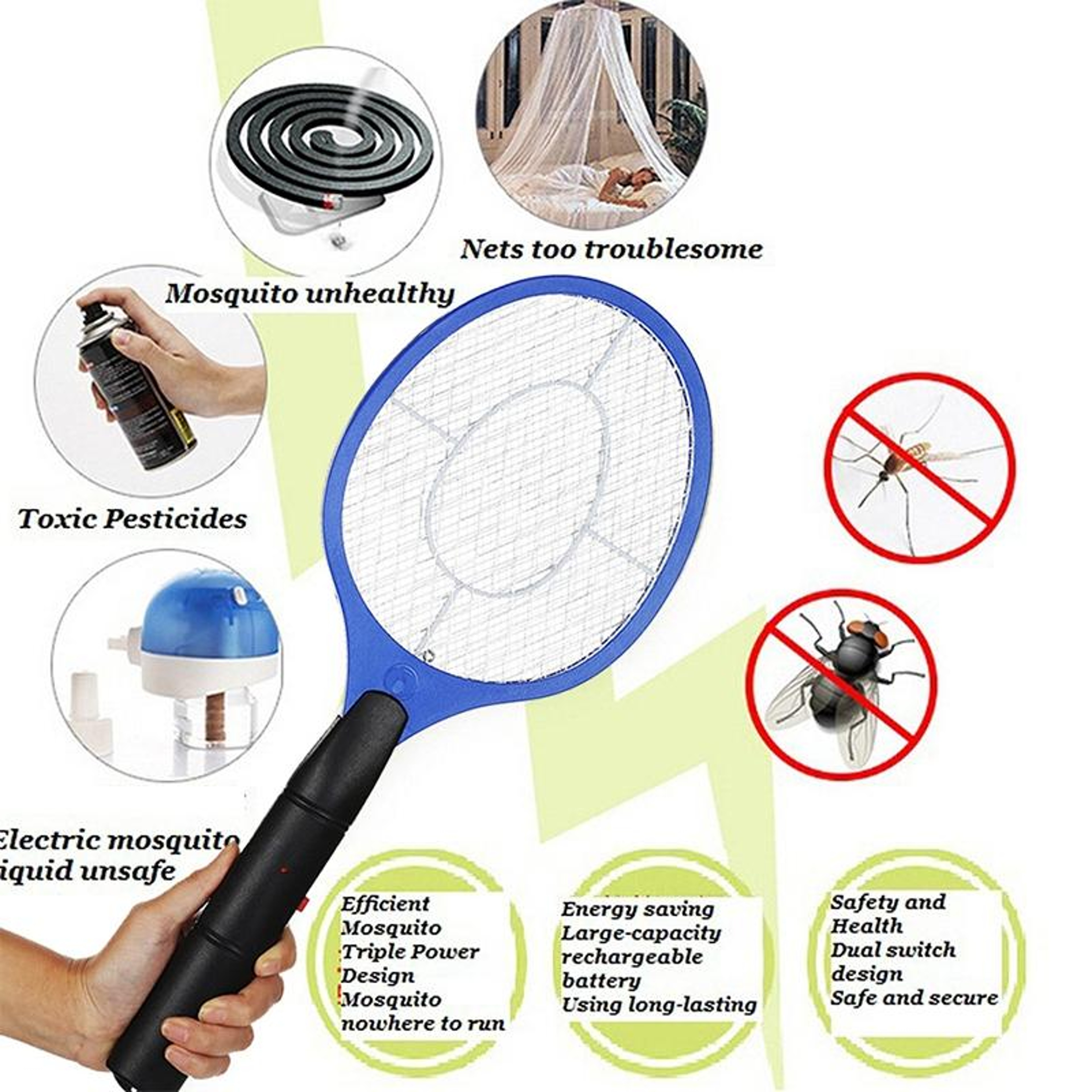 Premium Battery Operated Electric Mosquito Swatter Handheld Bug Zapper Racket Insect Killer 1