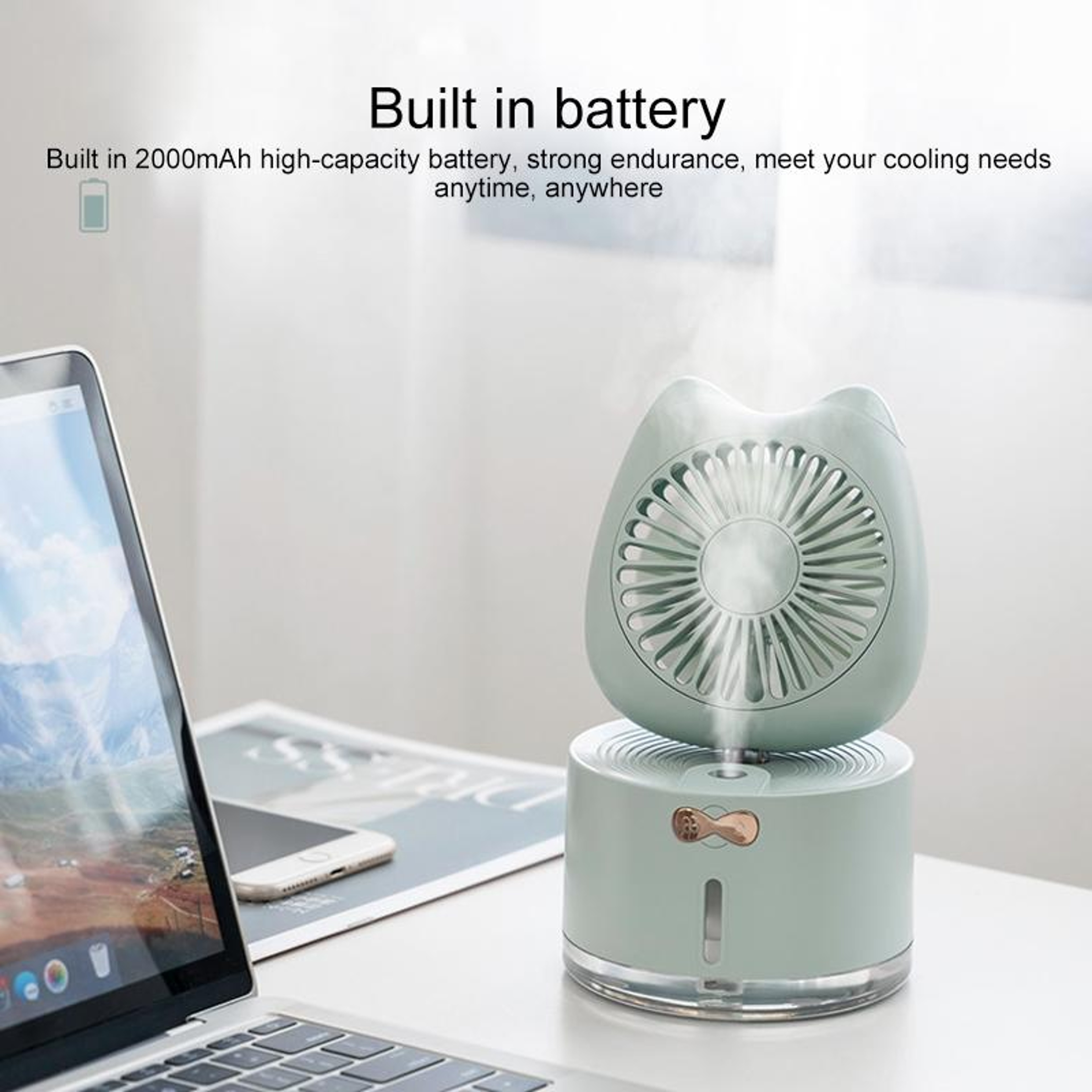 Cute Cat Portable Humidifier Fan With Rechargeable Desk Cooling System 7