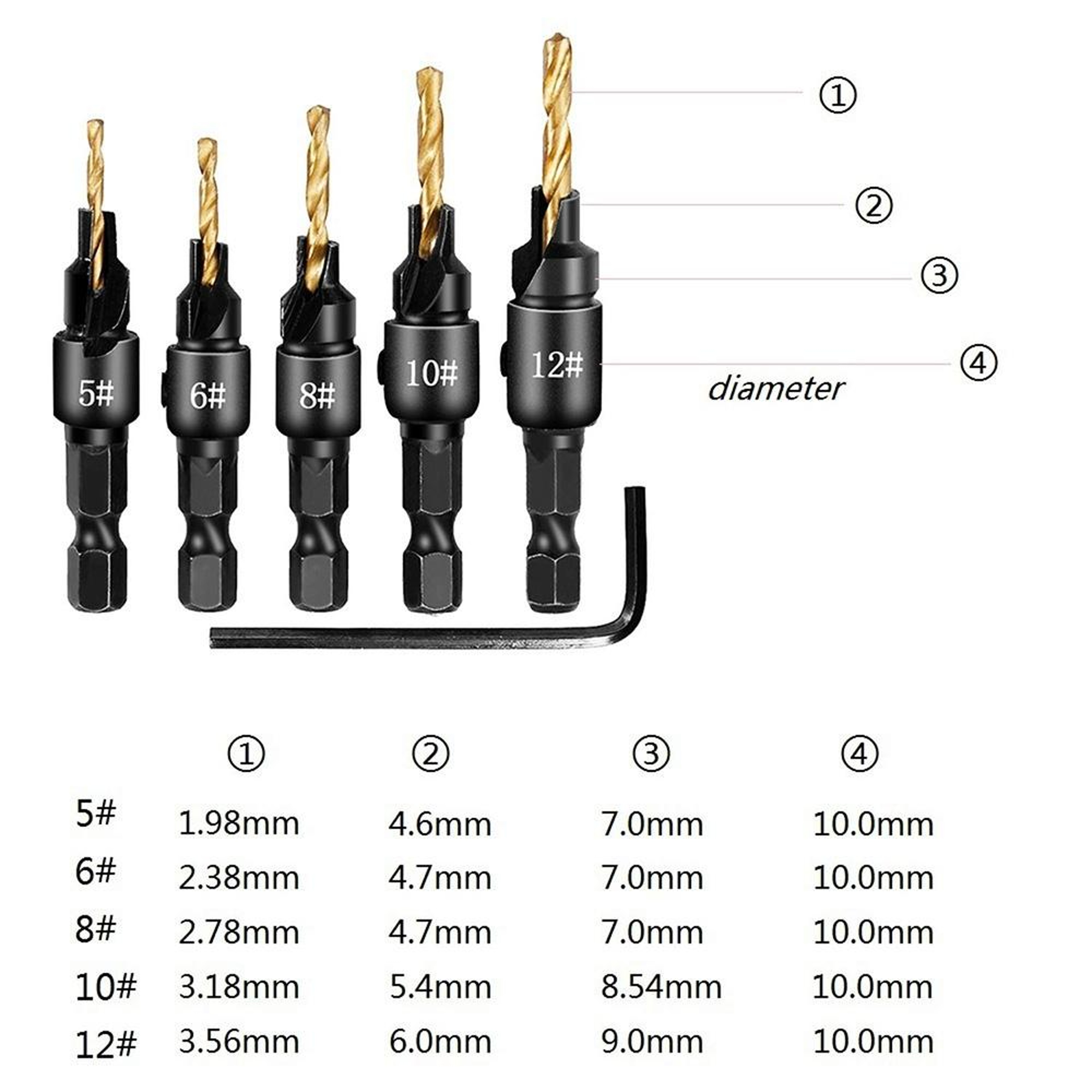 Precision Countersink Drill Bit Set For Woodworking 5 Piece Hex Shank Pilot Hole Kit 5