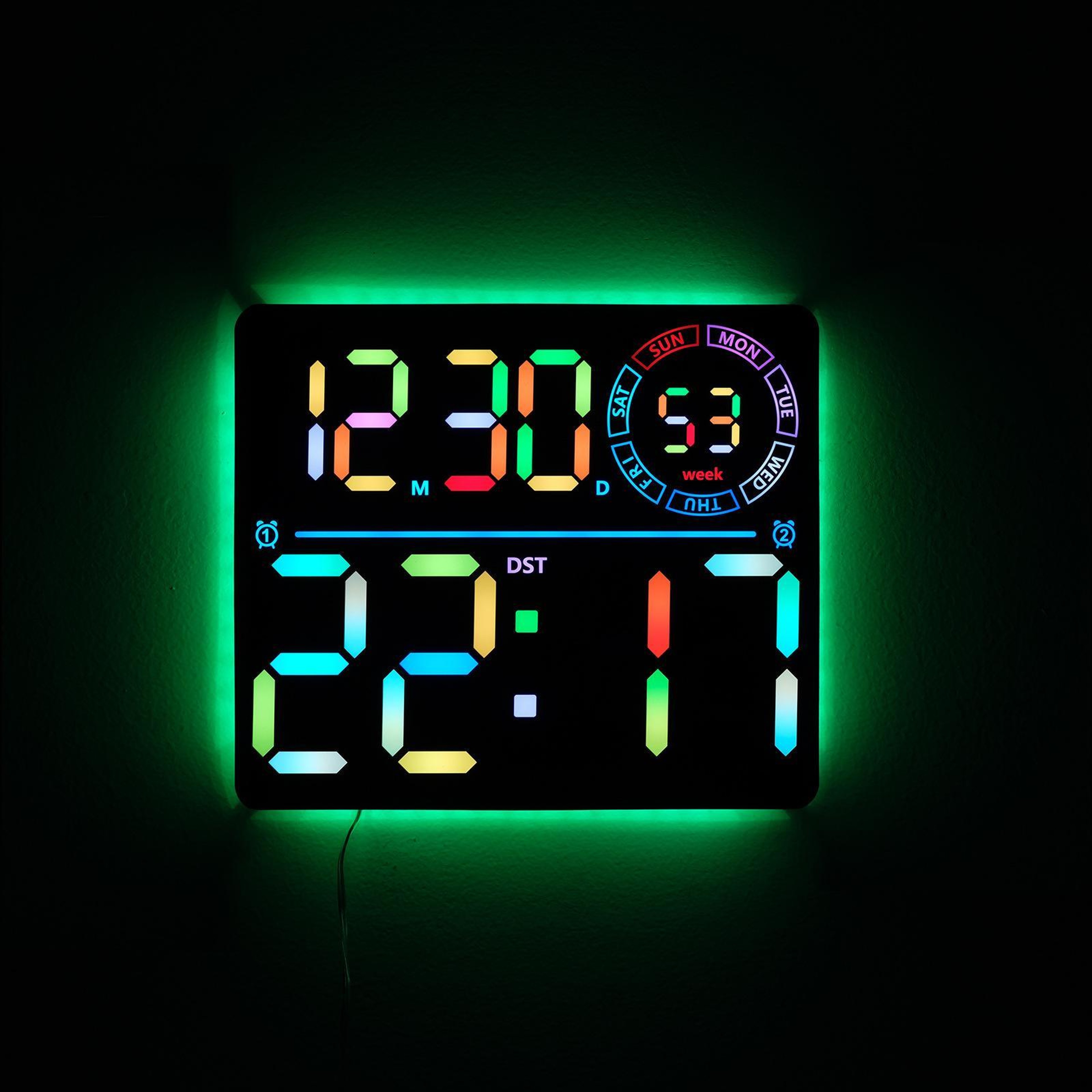 RGB Digital Wall Clock With Large LED Display Dual Alarm  Smart Timer 10