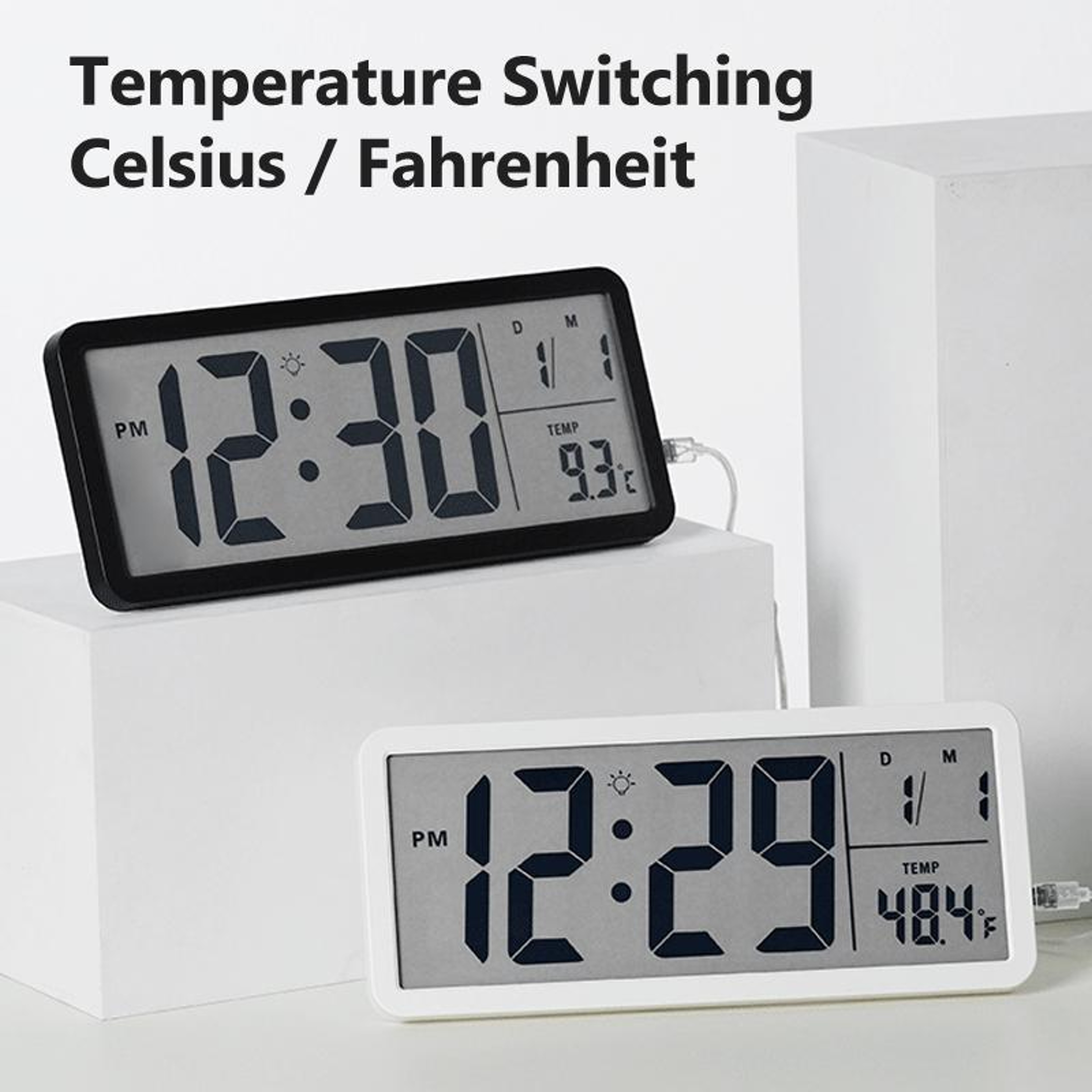Large Display LCD Wall Clock With Indoor Thermometer  Night Backlight 5