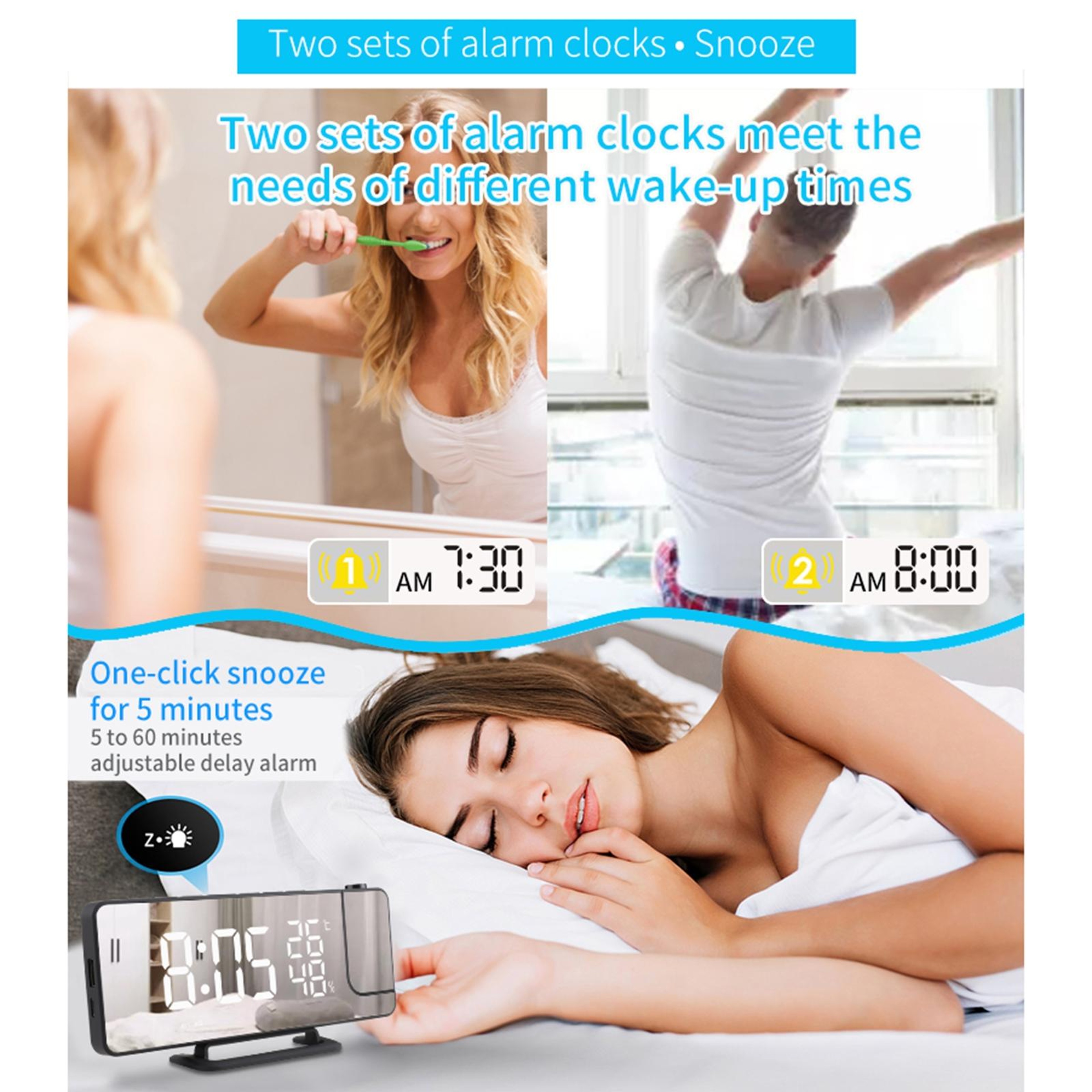 Smart Projection Alarm Clock With FM Radio Temperature Humidity Monitor  Mirror Display 3
