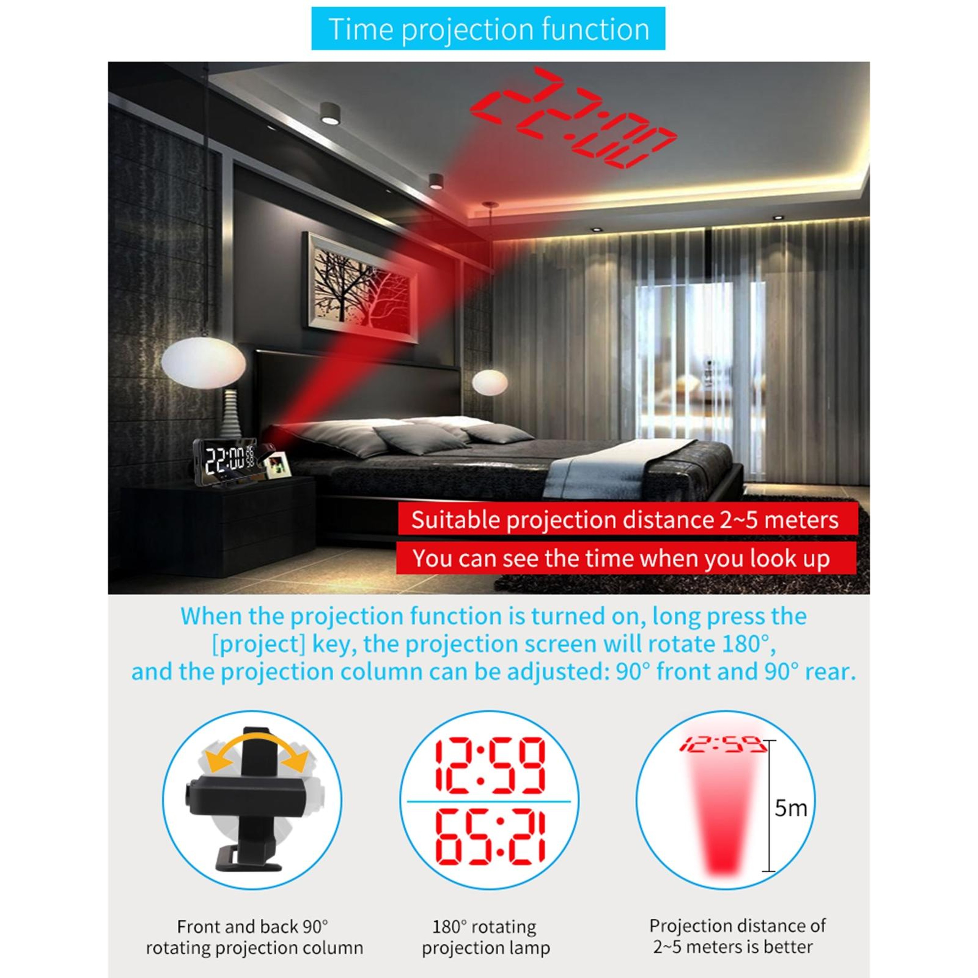 Smart Projection Alarm Clock With FM Radio Temperature Humidity Monitor  Mirror Display 6