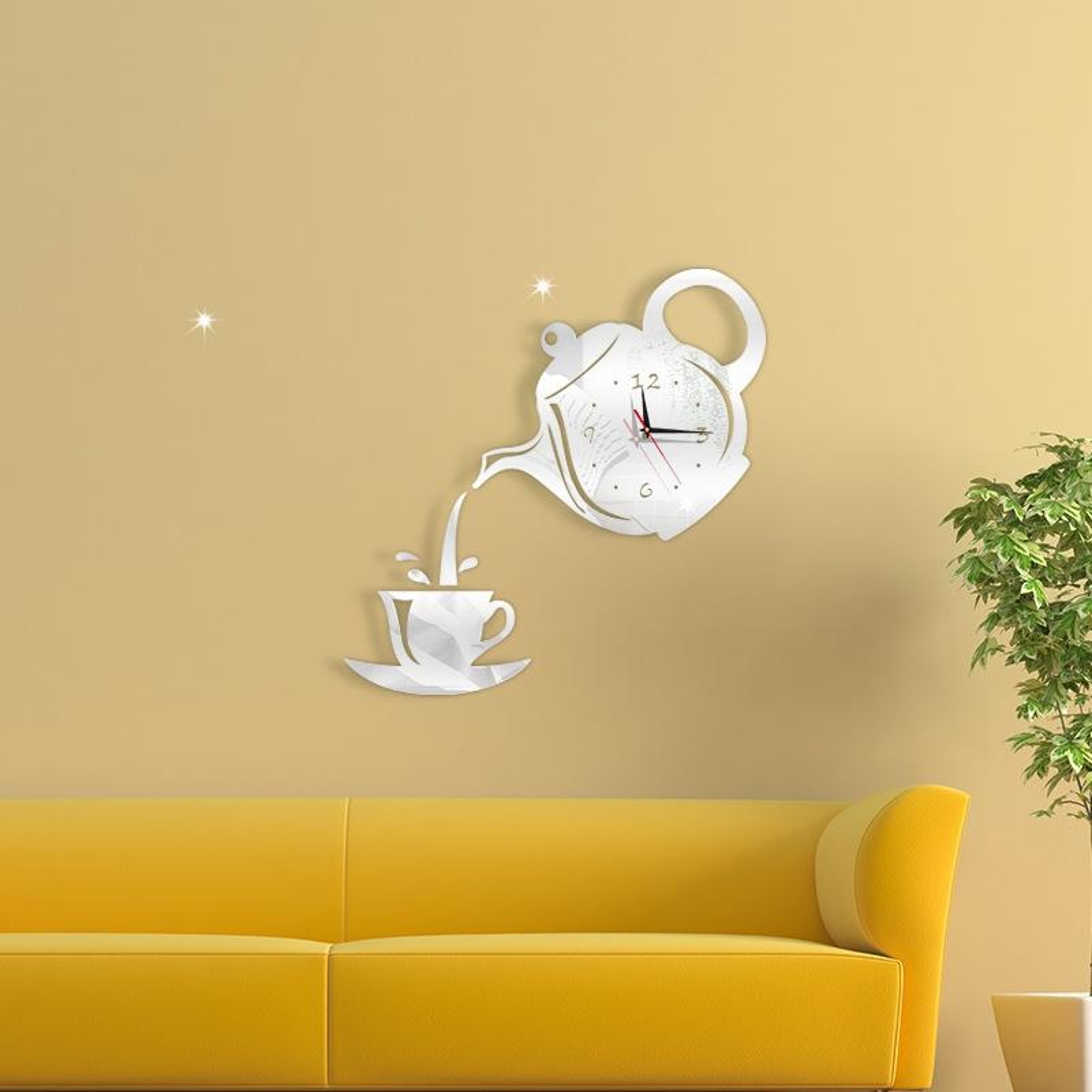 DIY Acrylic Coffee Cup Teapot 3D Wall Clock For Kitchen  Dining Room Decor 0