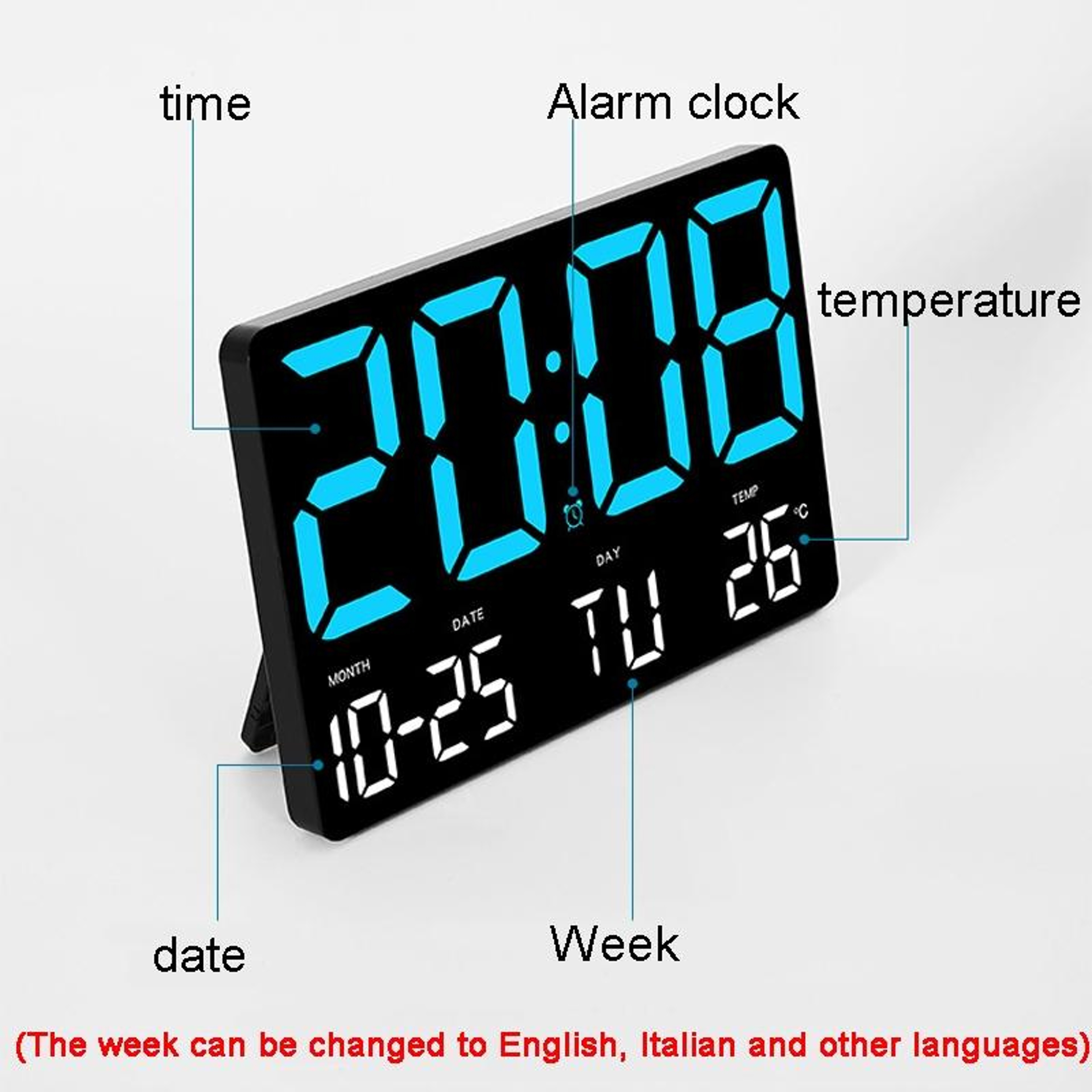 Large Display LED Digital Clock With Temperature Calendar  Adjustable Brightness 8