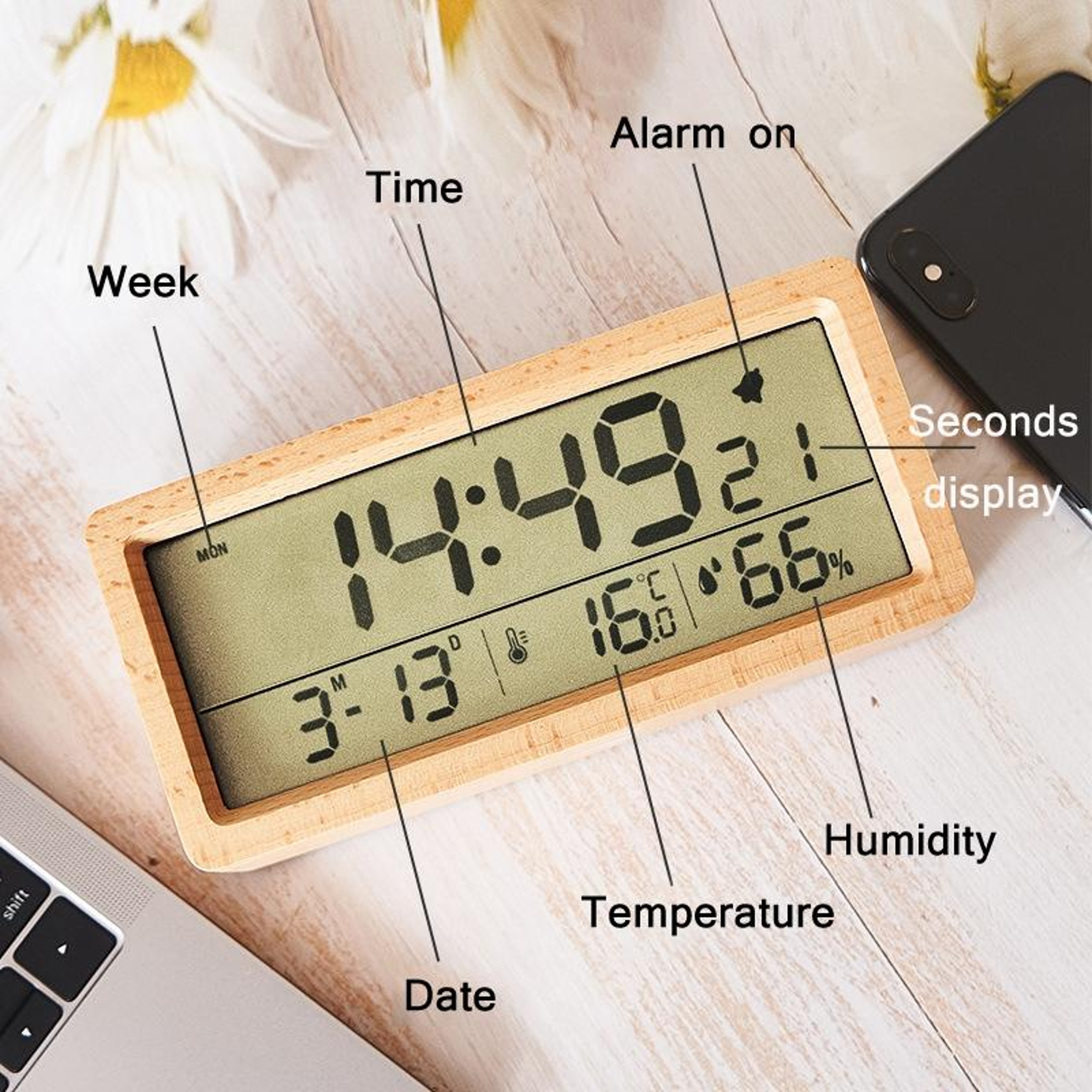 Wooden Digital Clock With Temperature  Humidity Display Large Screen LED Desk Clock 1
