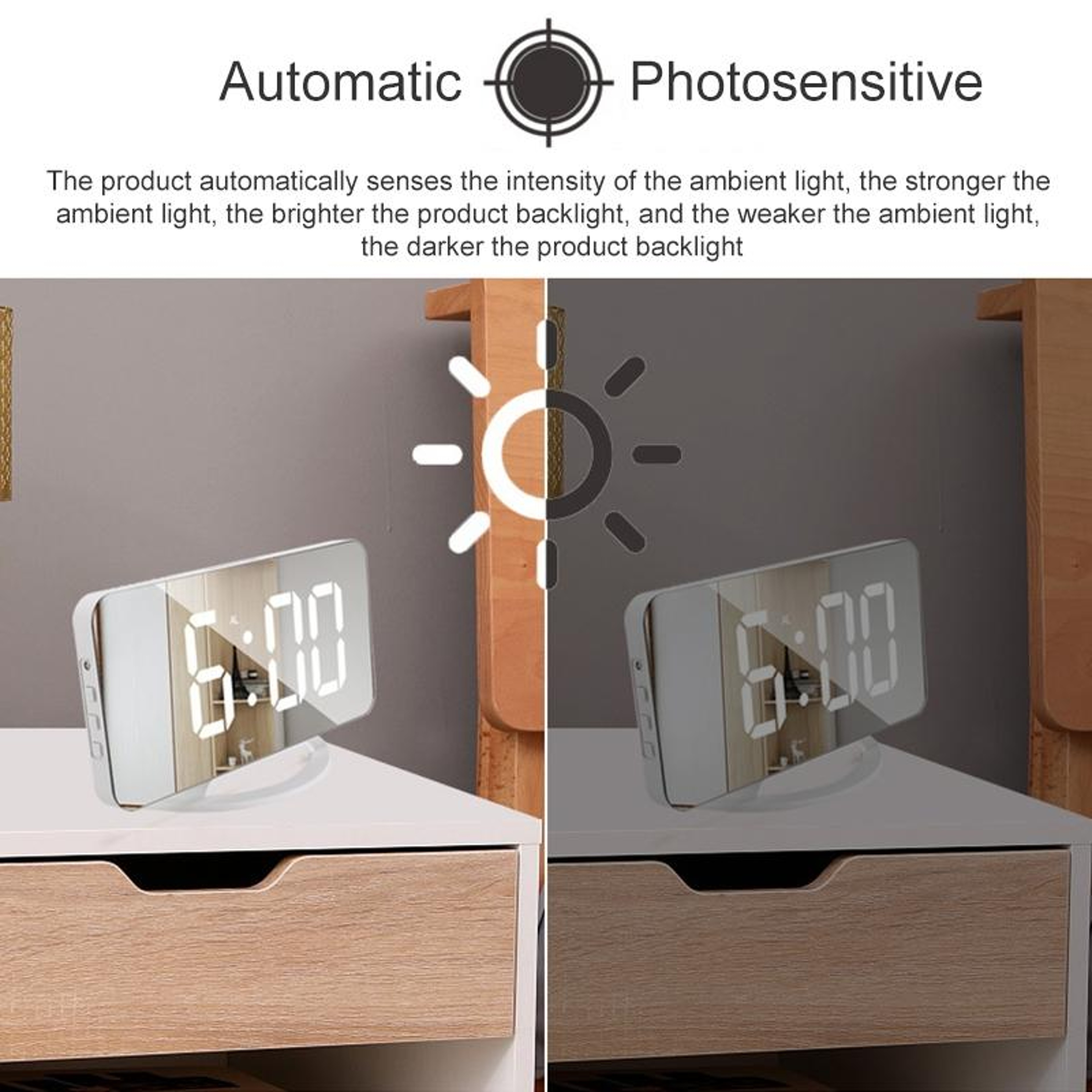 GlowTime LED Mirror Alarm Clock With Auto Brightness  USB Charging 5