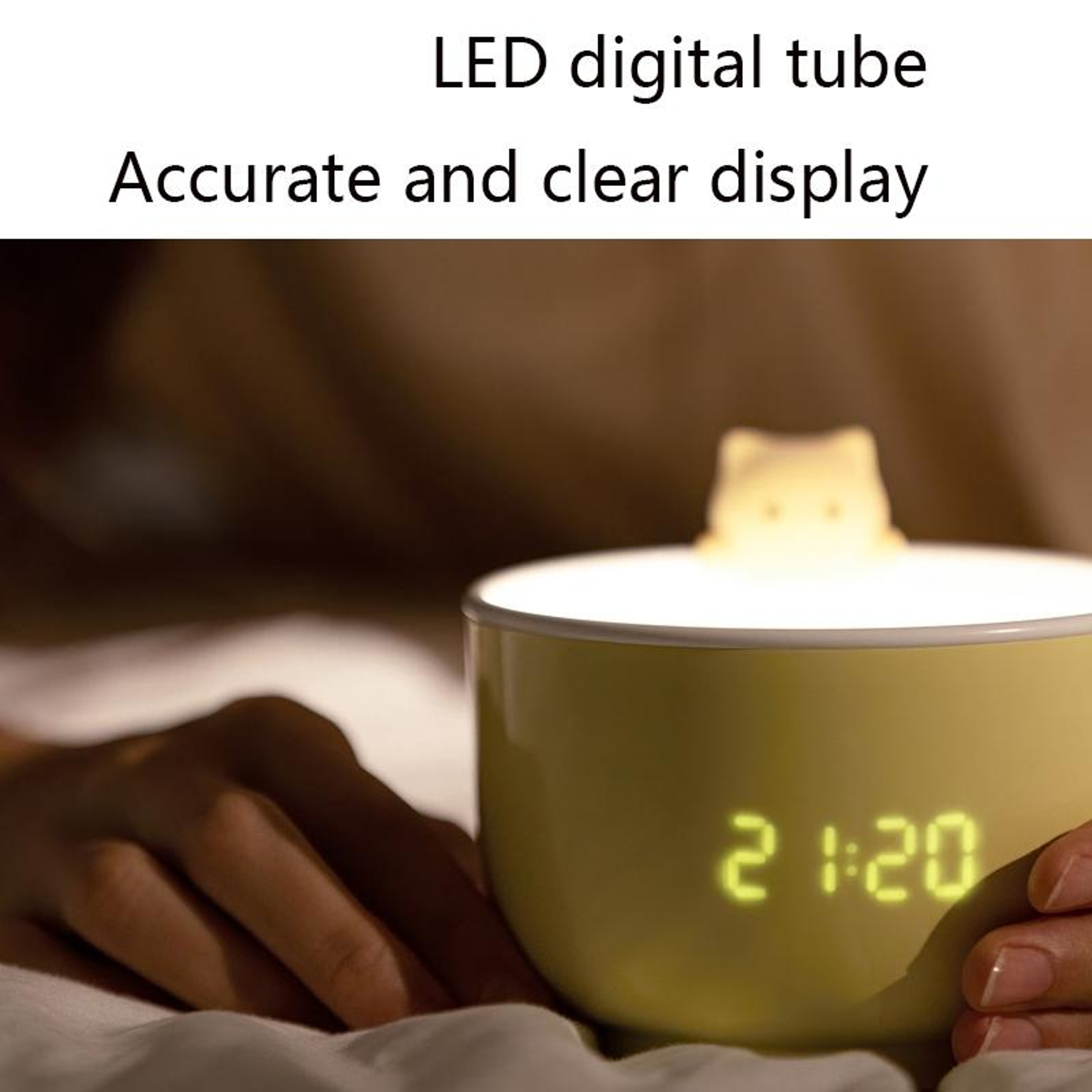 Cute Cat Voice Activated LED Alarm Clock Night Light With Time Display  Snooze 5
