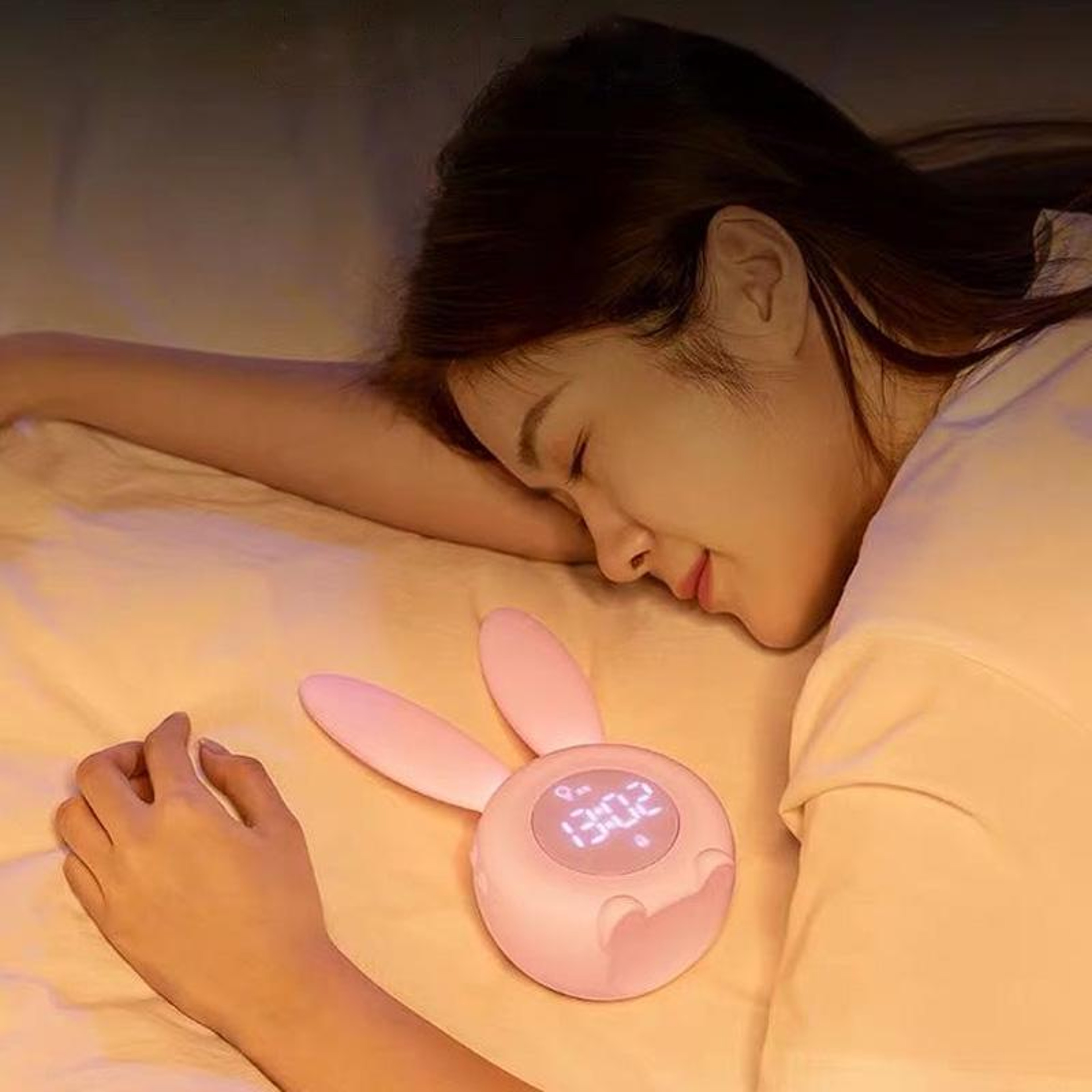 Cute Rabbit Night Light Alarm Clock With Voice Activation  USB Rechargeable Display 1