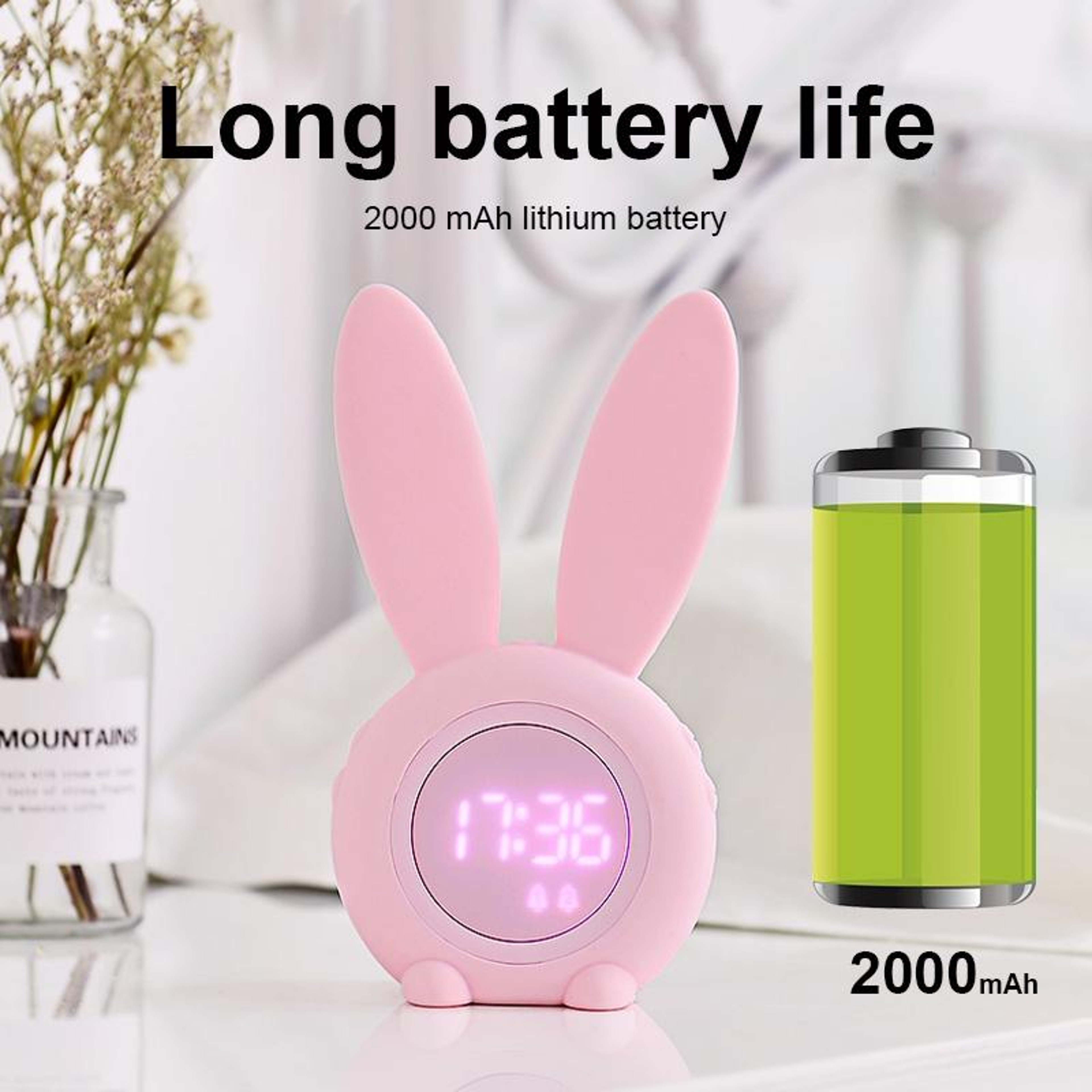 Cute Rabbit Night Light Alarm Clock With Voice Activation  USB Rechargeable Display 4