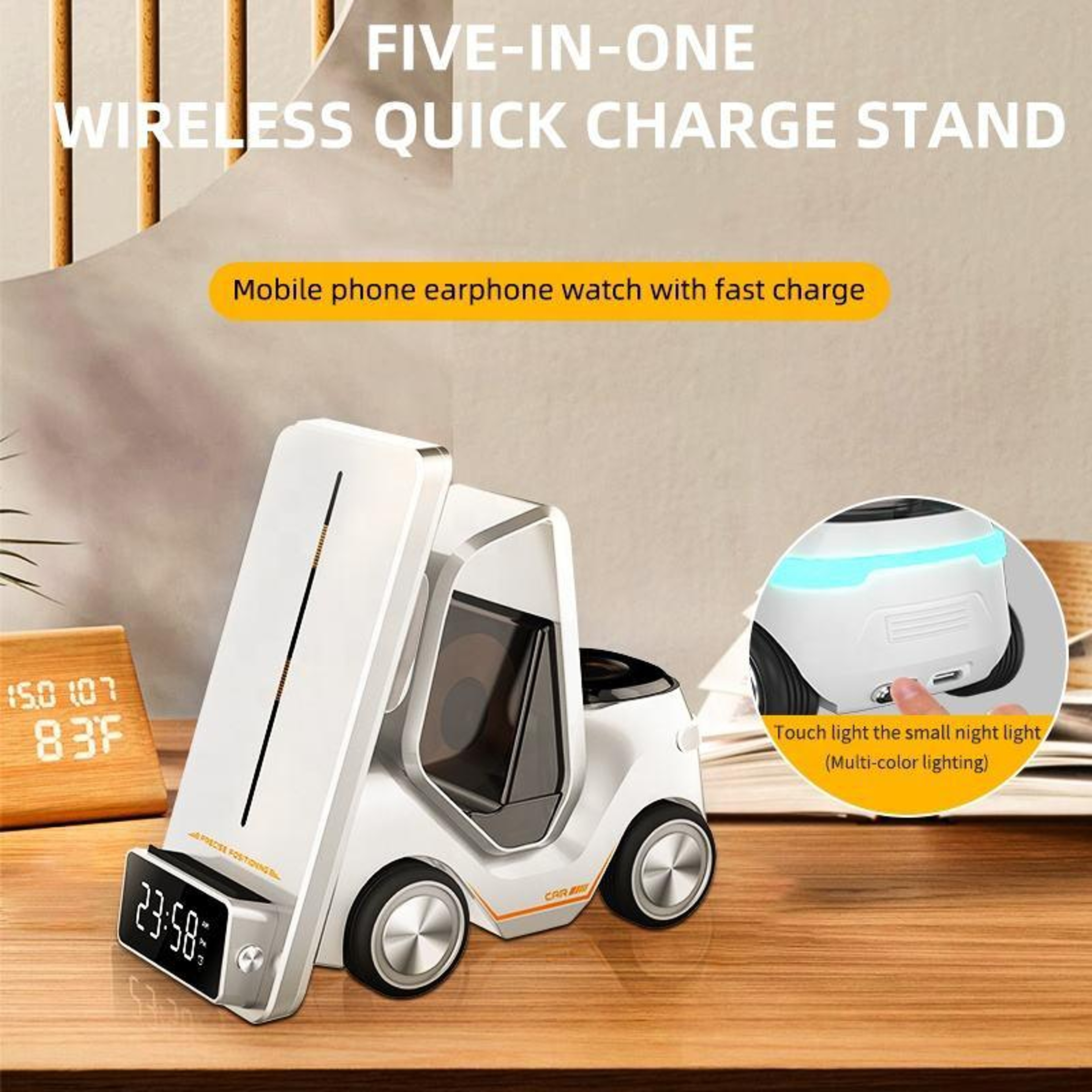 T20 Wireless Charging Alarm Clock Car Shaped Desktop Wireless Charger With LED Atmosphere Light 9