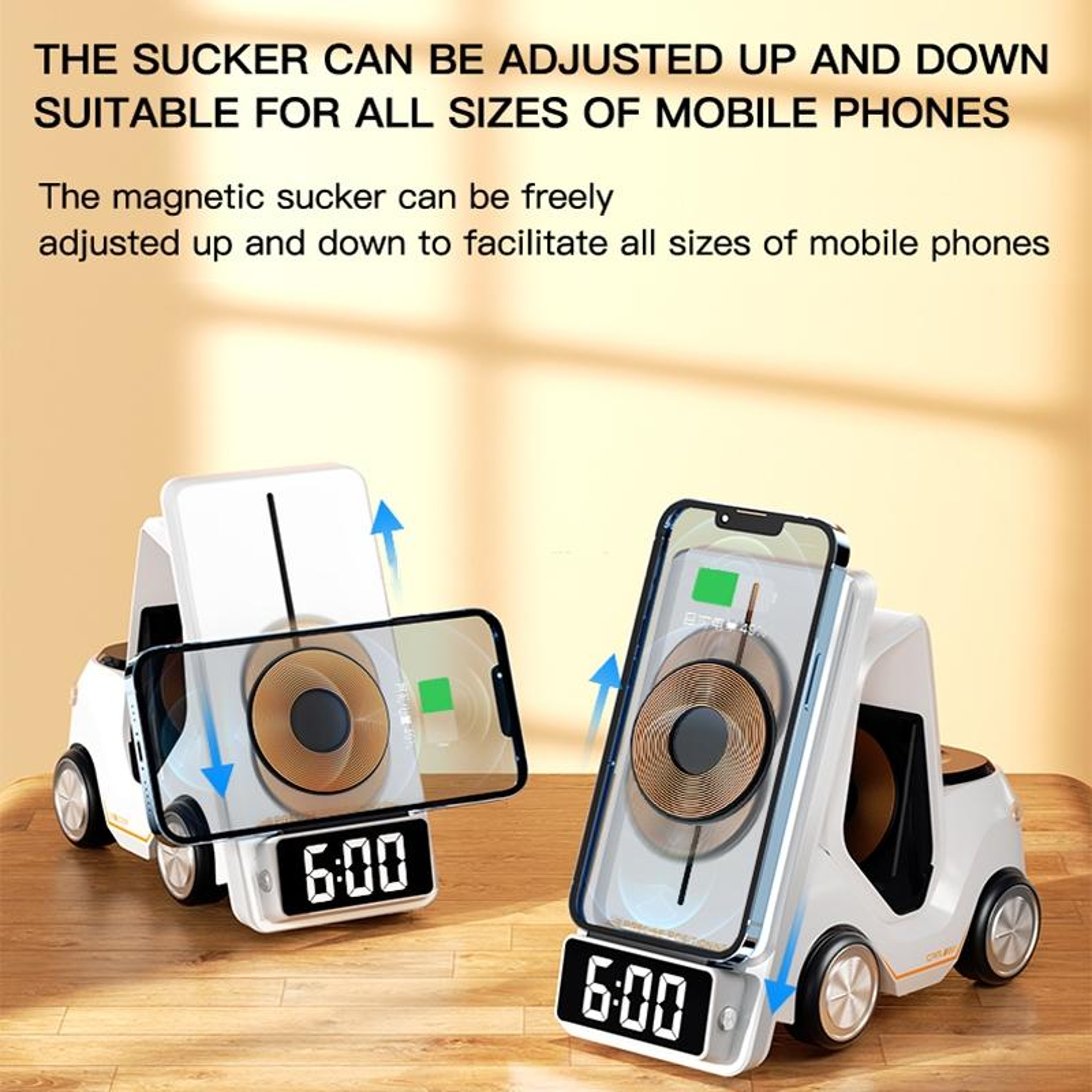 T20 Wireless Charging Alarm Clock Car Shaped Desktop Wireless Charger With LED Atmosphere Light 8
