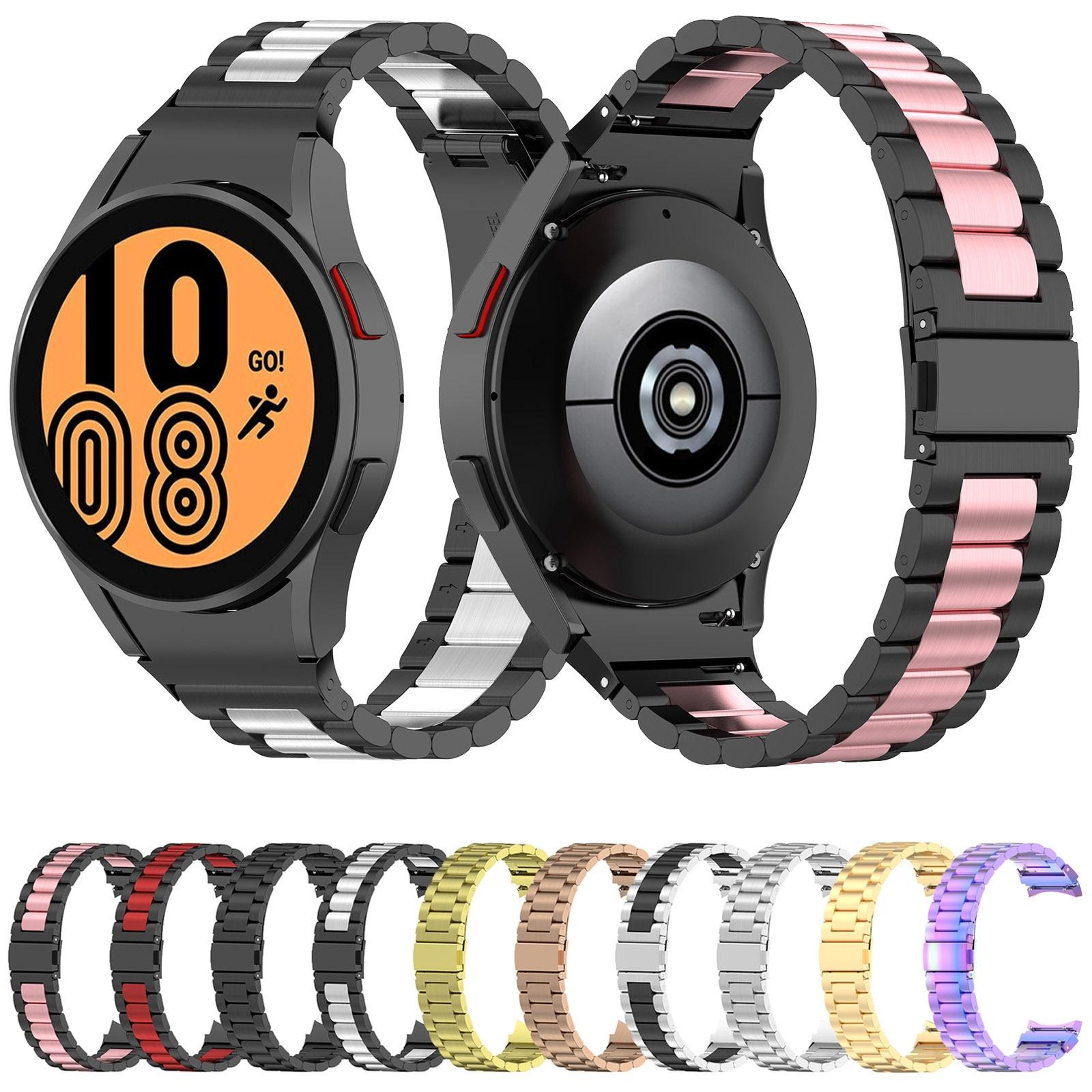Samsung Galaxy Watch 6 Stainless Steel Three Bead Watch Band Adjustable Metal Replacement Strap 6