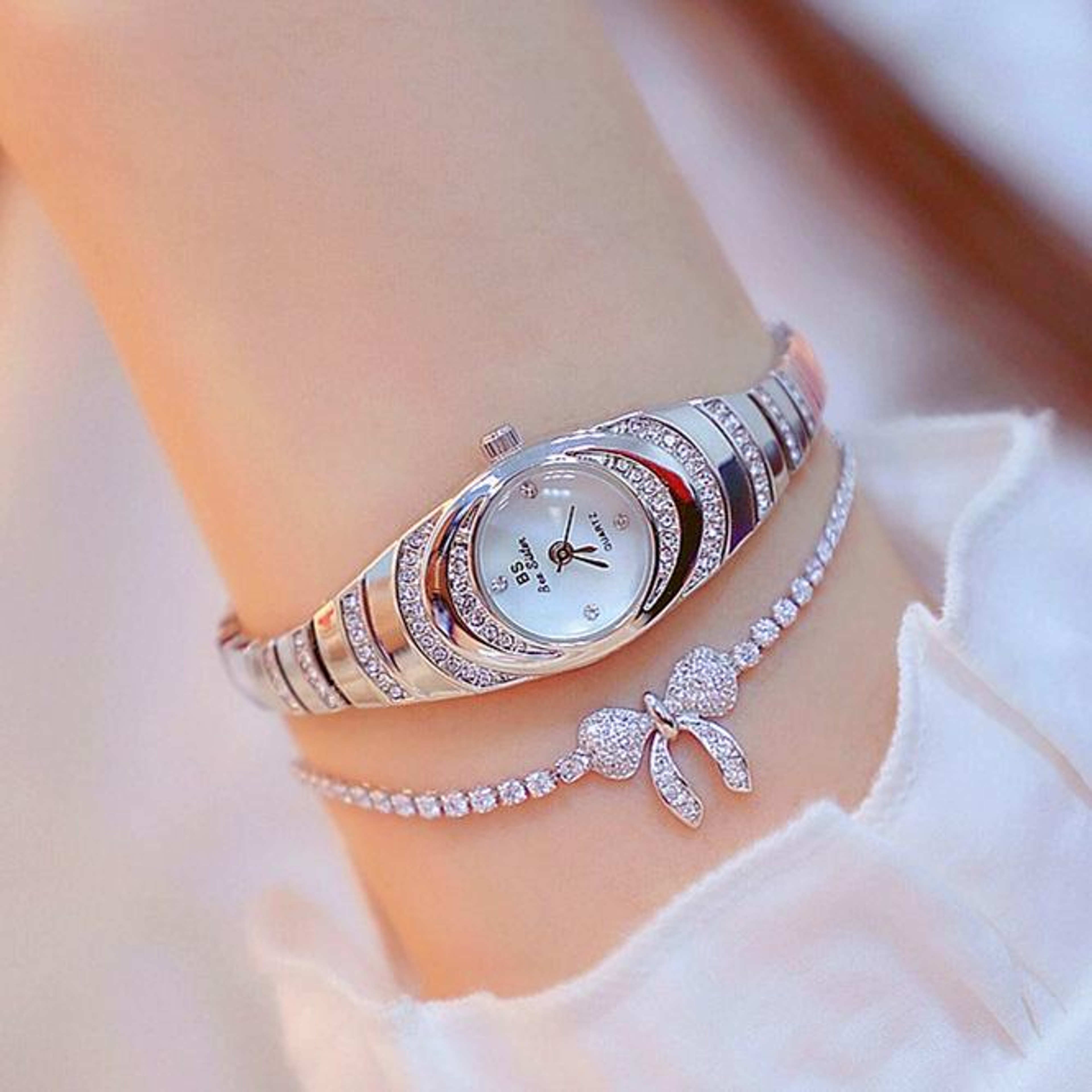 BS Bee Sister Ladies Oval Watch Diamond Accent Quartz Watch Elegant Jewelry Chain Bracelet – view 6