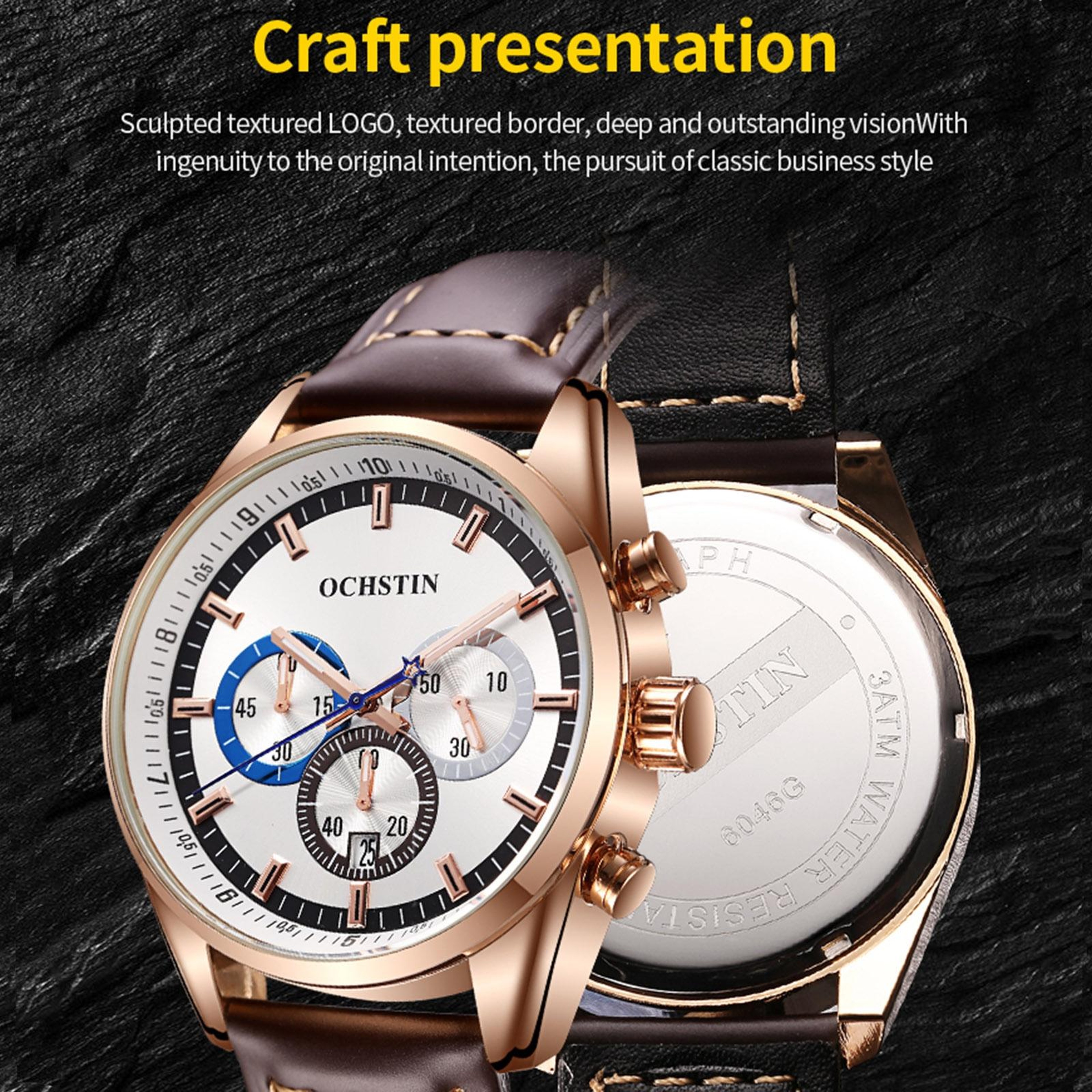 Ochstin 6046A Mens Leather Watch Business Quartz Watch Waterproof Analog Wristwatch 6