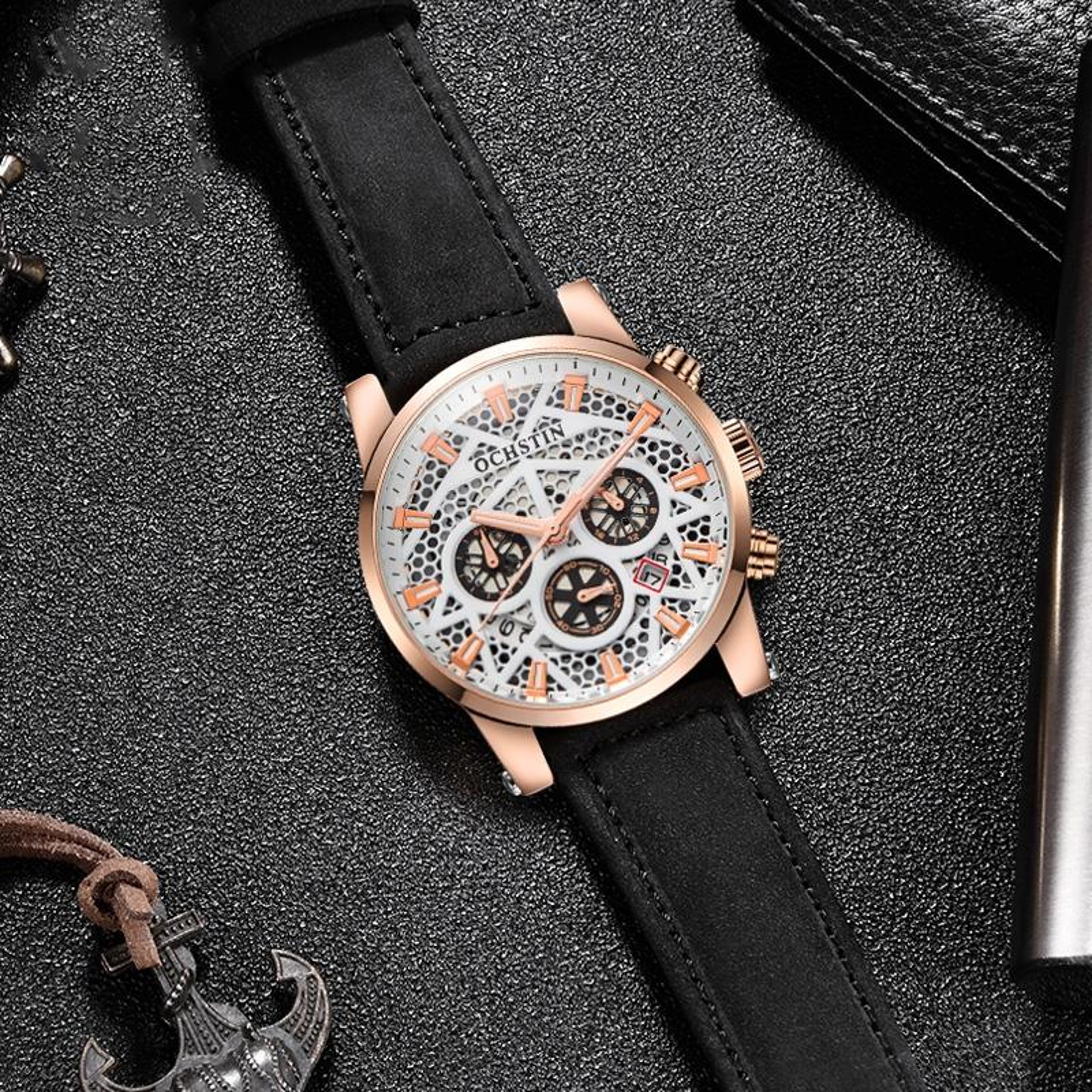 Ochstin 5052B Business Quartz Watch Waterproof Genuine Leather Mens Dress Watch 4