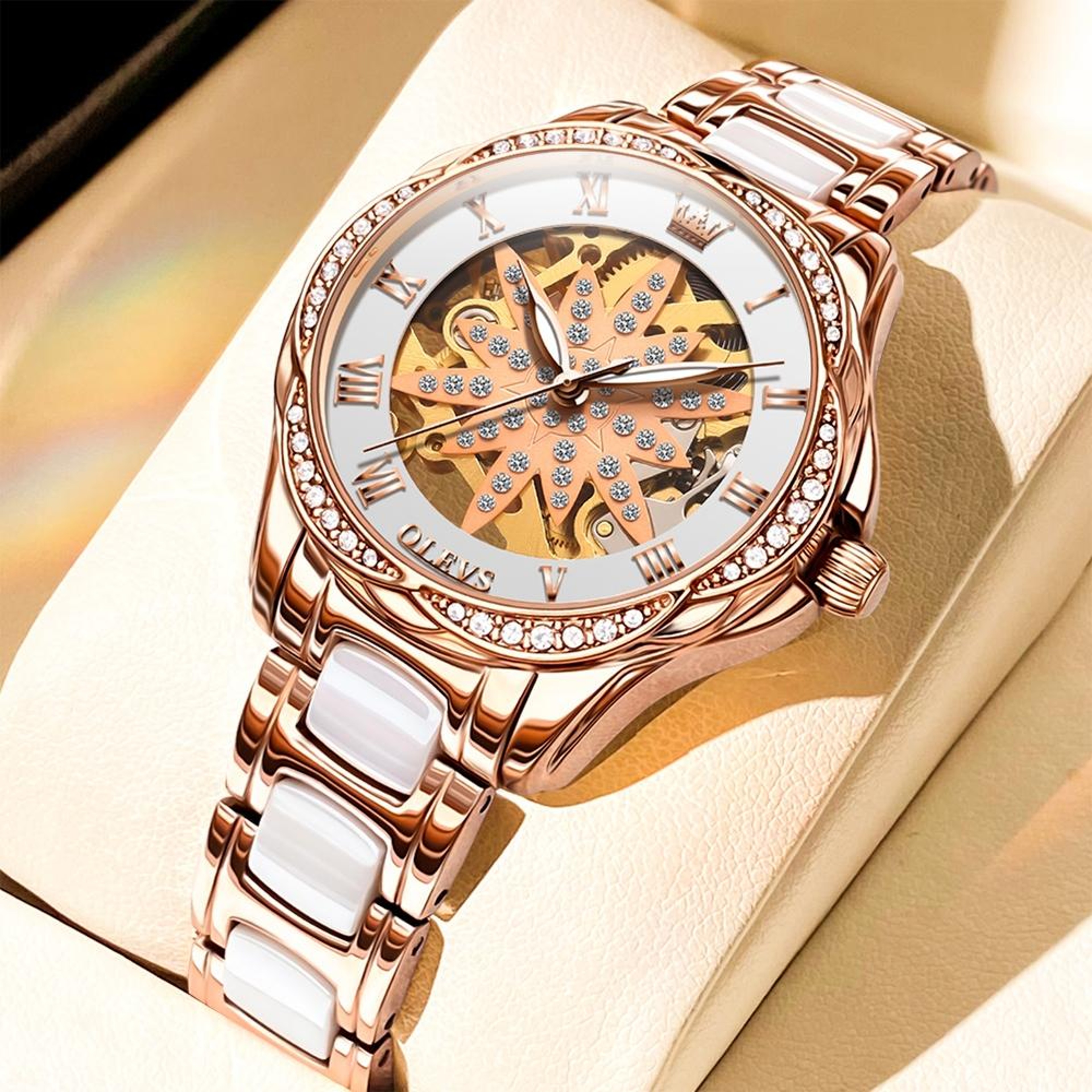 OLEVS 6681 Womens Skeleton Watch Waterproof Quartz Leather Watch With Hollow Dial 2