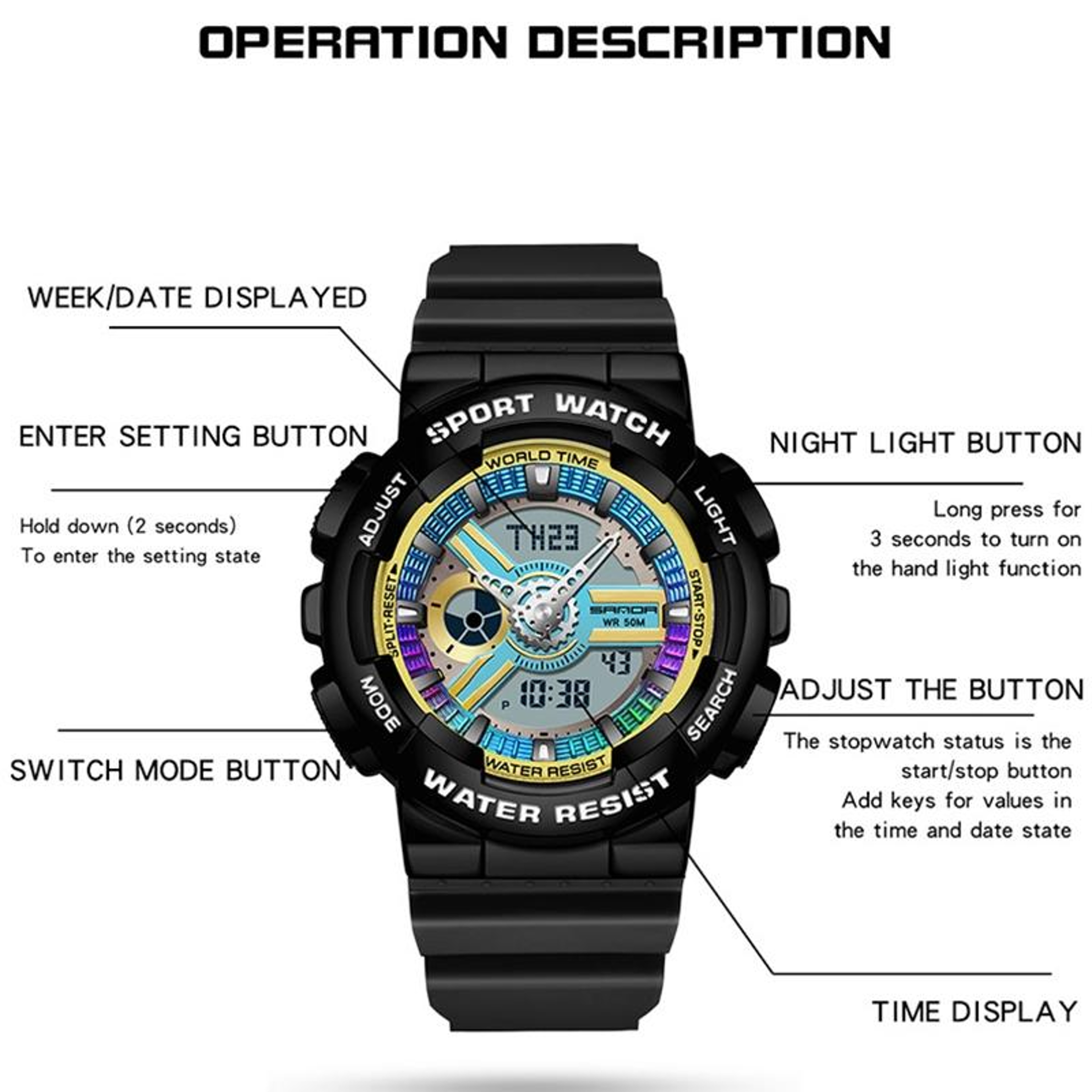 SANDA 3137 Digital Sports Watch Waterproof Dual Display Luminous TPU Strap Watch 2