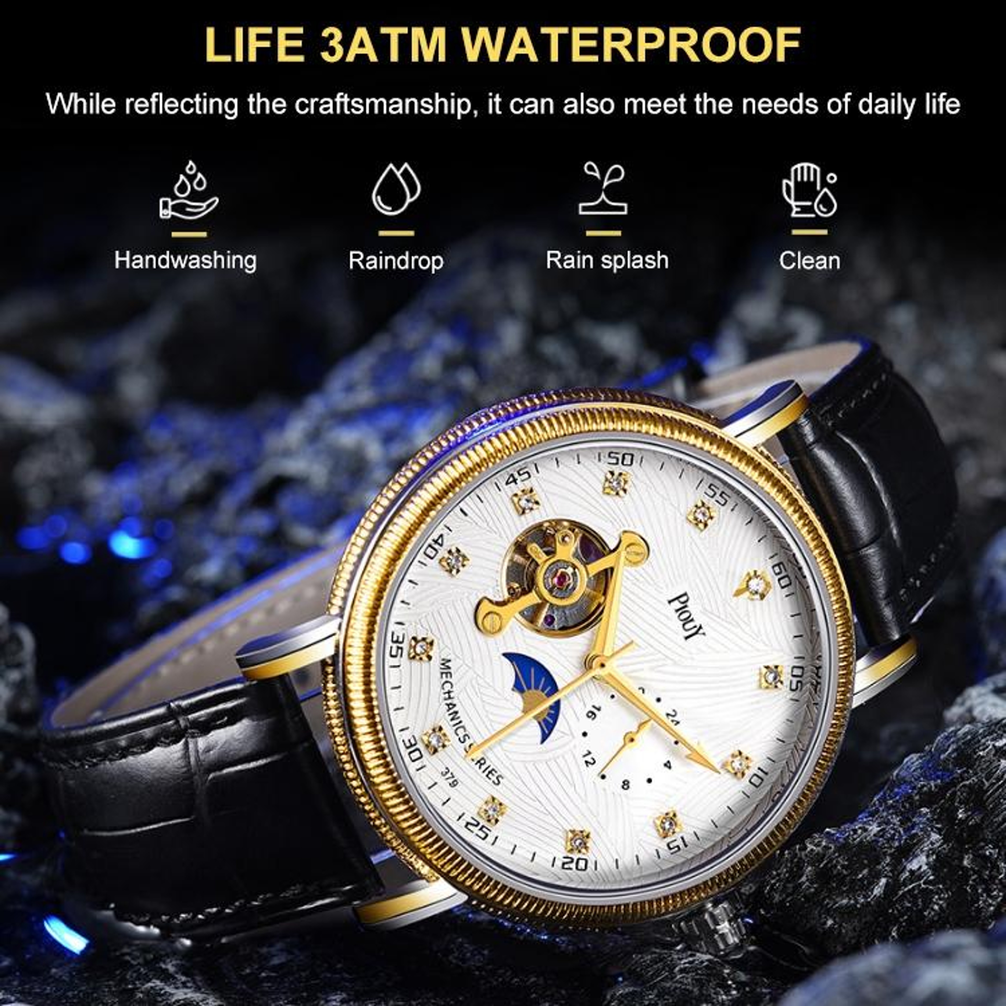 YAZOLE 379 Mechanical Watch With Leather Band Large Dial Tourbillon Style Mens Wristwatch 4