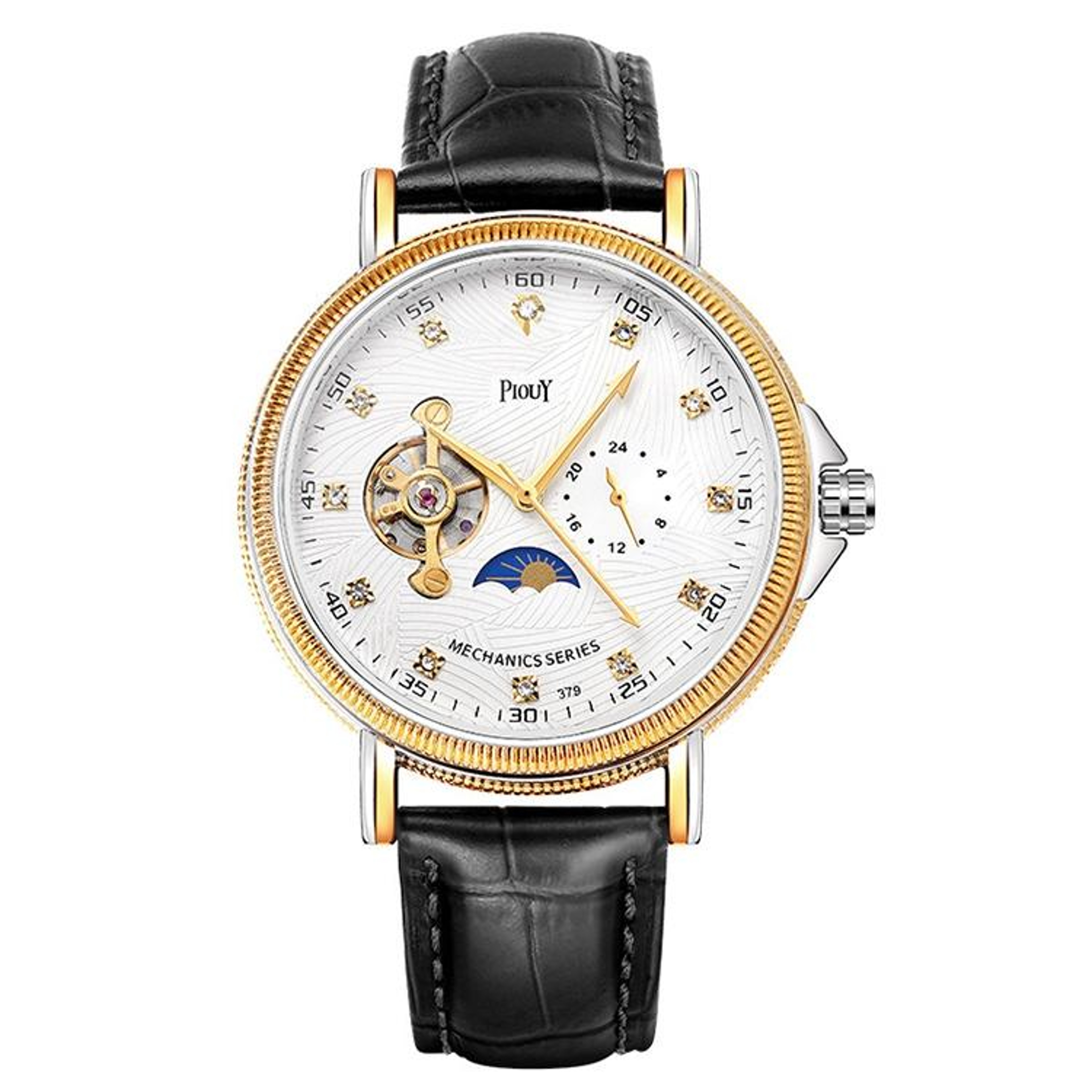 YAZOLE 379 Mechanical Watch With Leather Band Large Dial Tourbillon Style Mens Wristwatch 8