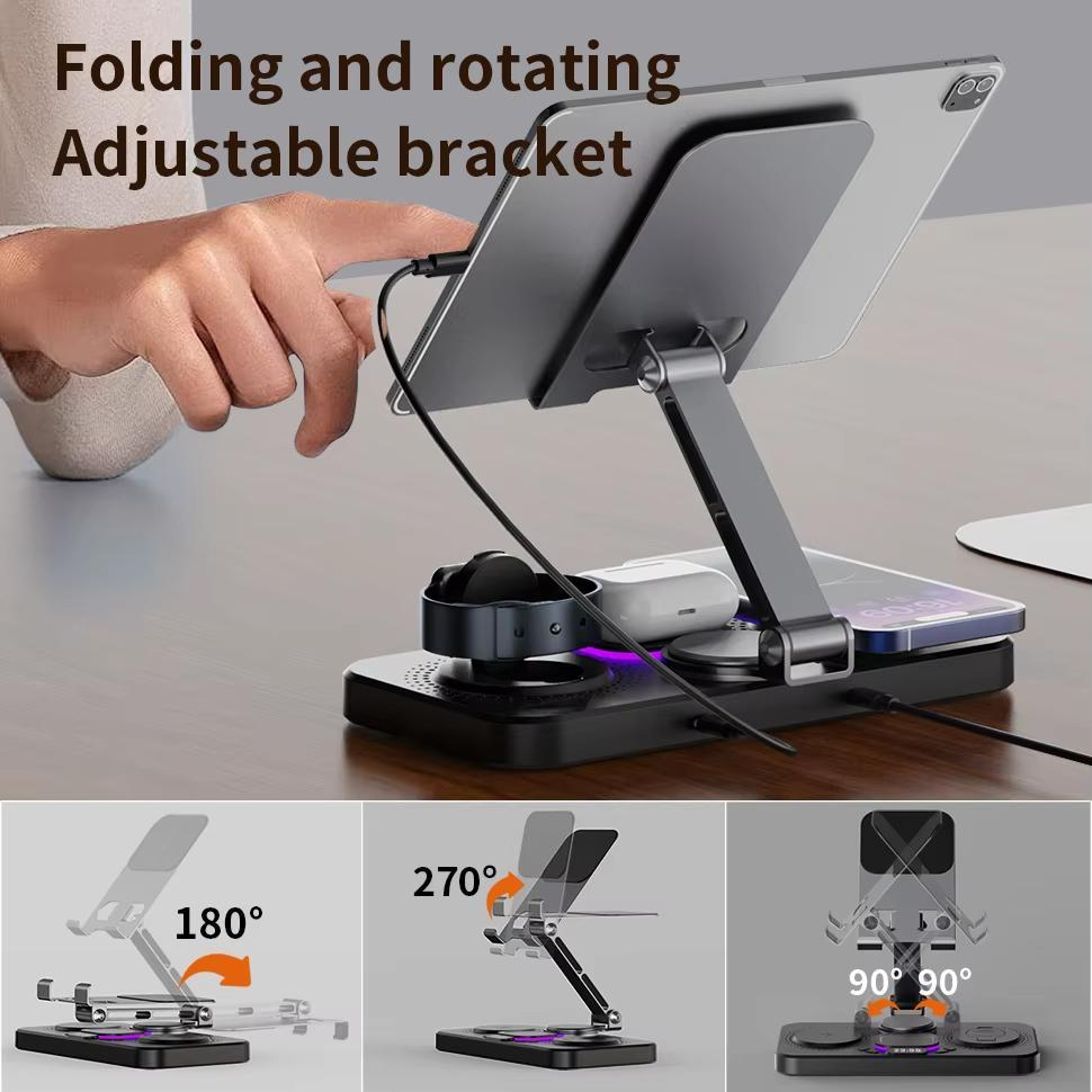 4 In 1 Magnetic Wireless Charging Station Foldable Fast Charger Stand With Clock Apple Watch AirPod 3