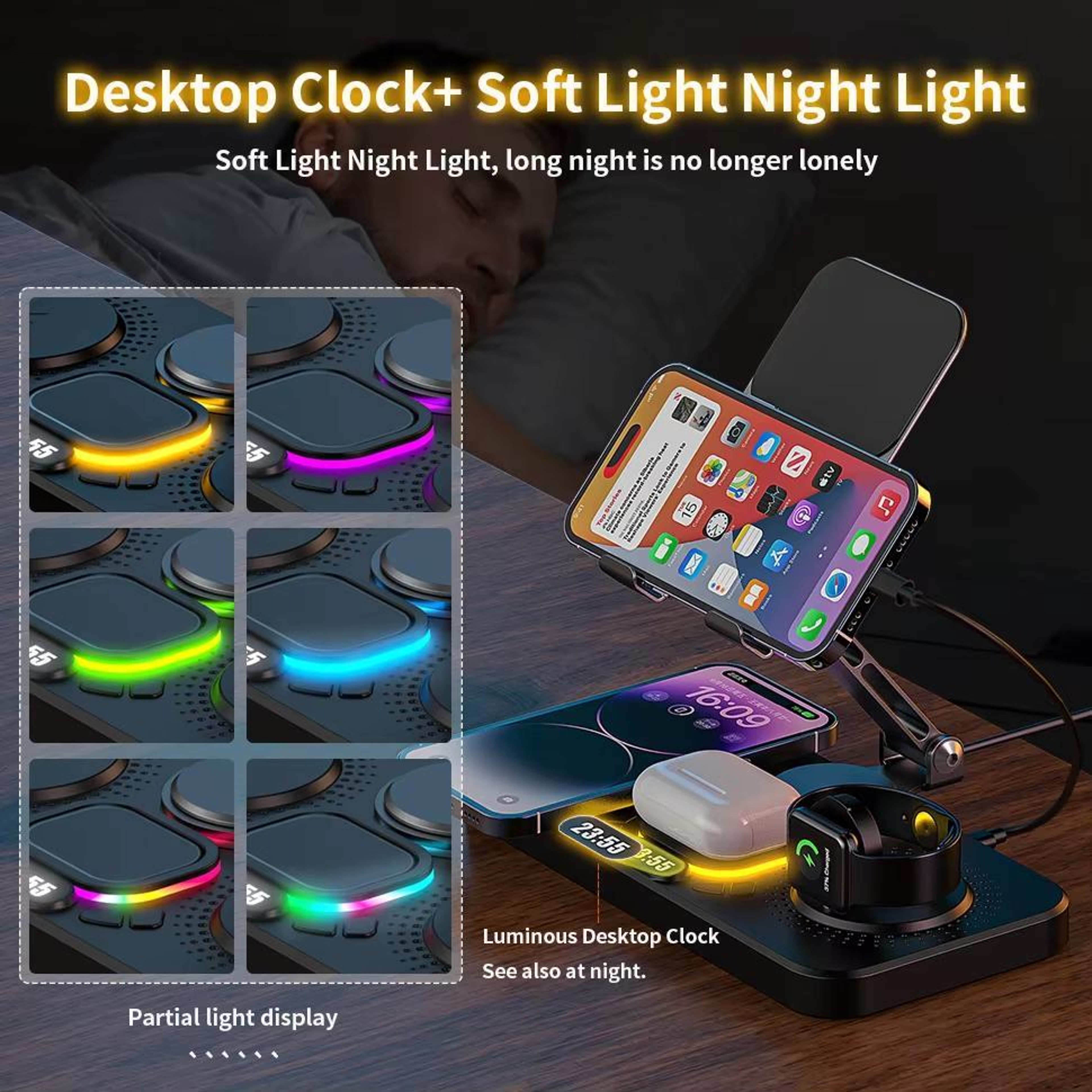 4 In 1 Magnetic Wireless Charging Station Foldable Fast Charger Stand With Clock Apple Watch AirPod 5