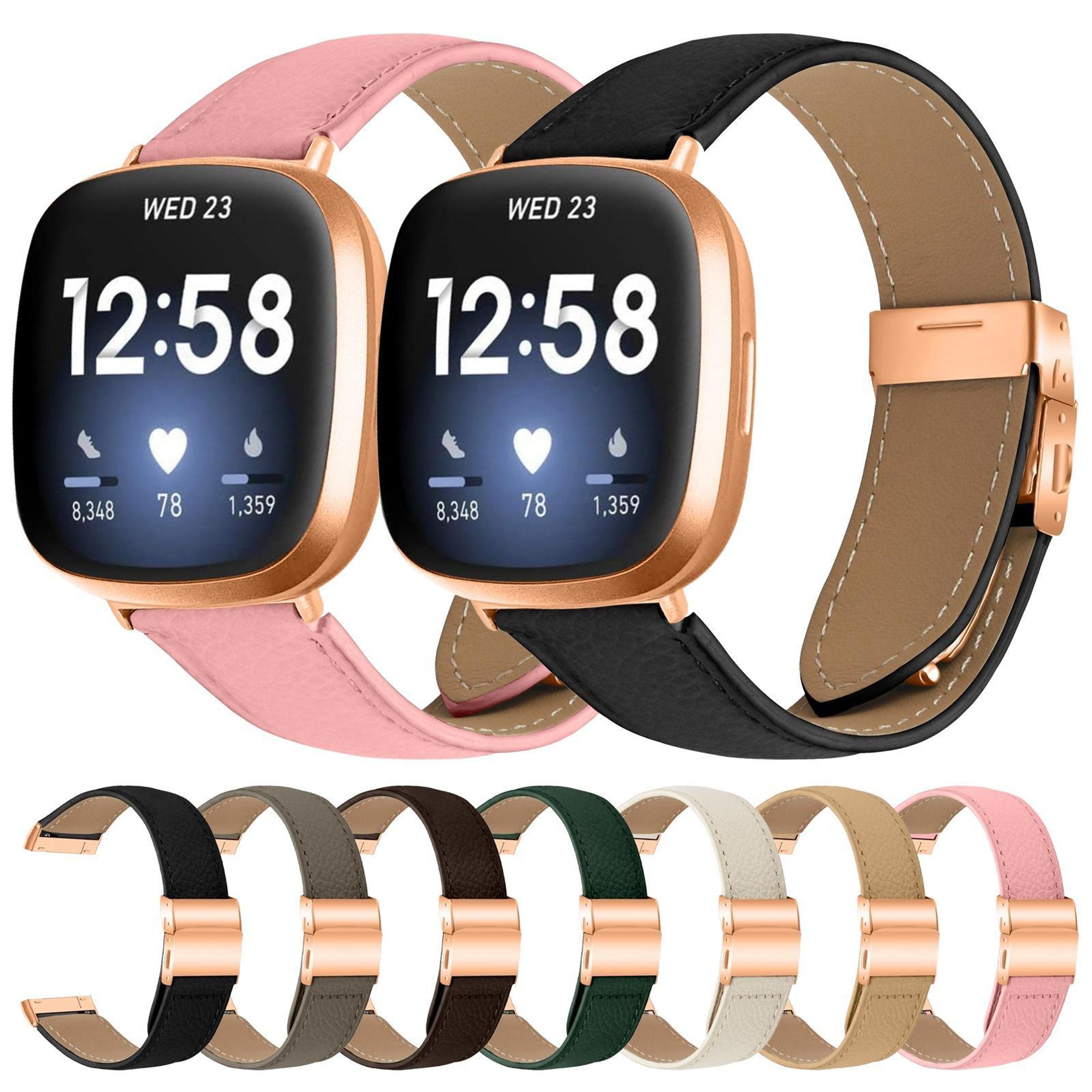 Fitbit Versa 3 4 Leather Watch Band With Rose Gold Buckle Lychee Texture Replacement Strap 12