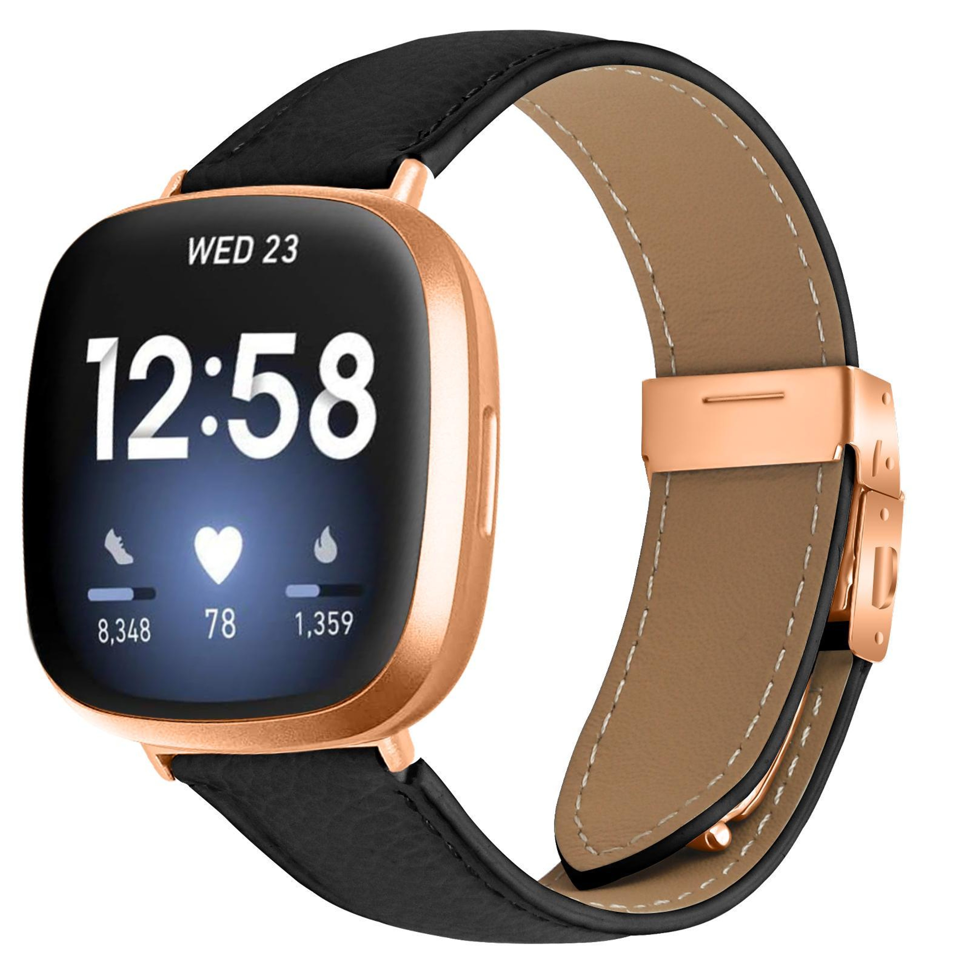 Fitbit Versa 3 4 Leather Watch Band With Rose Gold Buckle Lychee Texture Replacement Strap 5