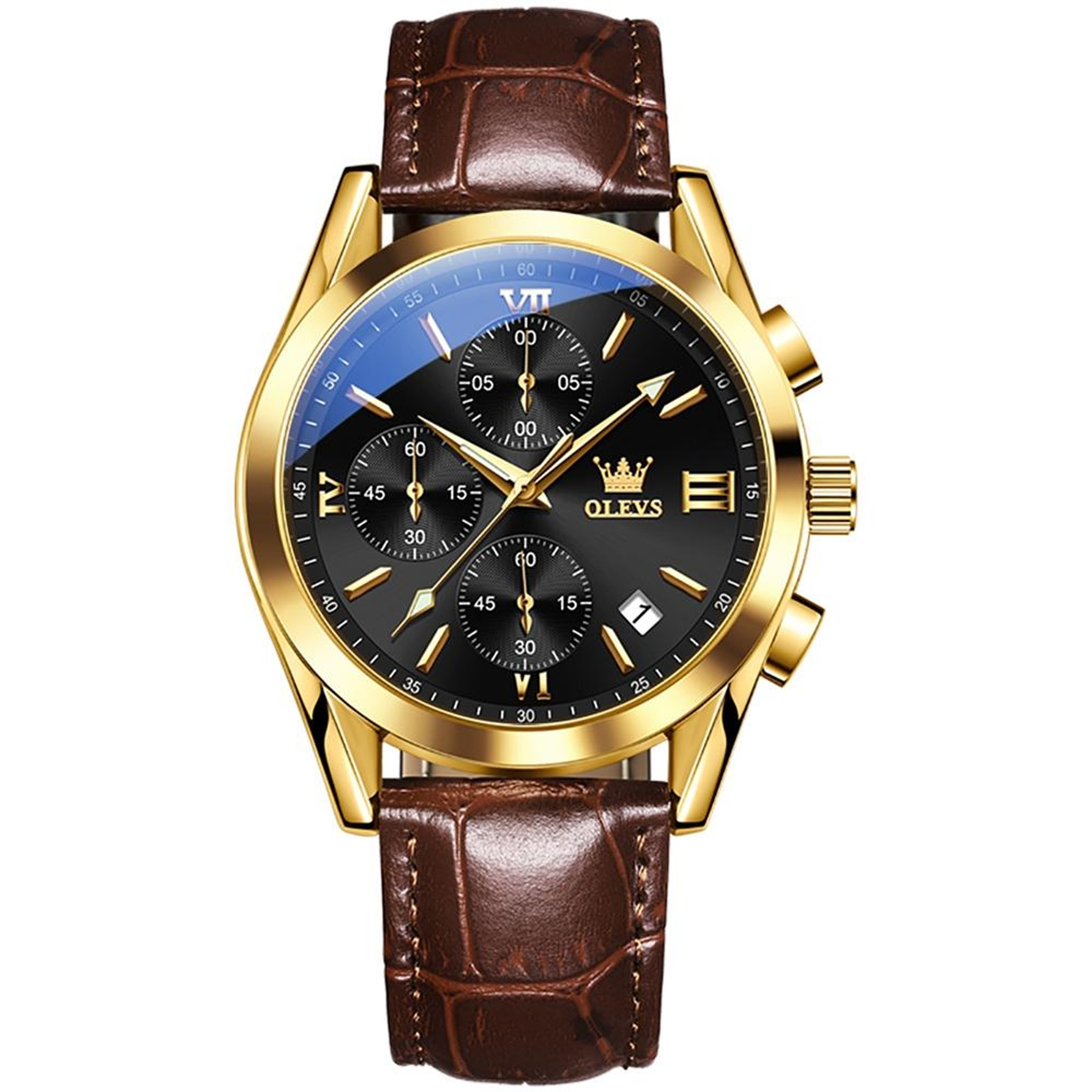 OLEVS 2872 Mens Chronograph Watch Waterproof Quartz Watch With Genuine Leather Strap 0