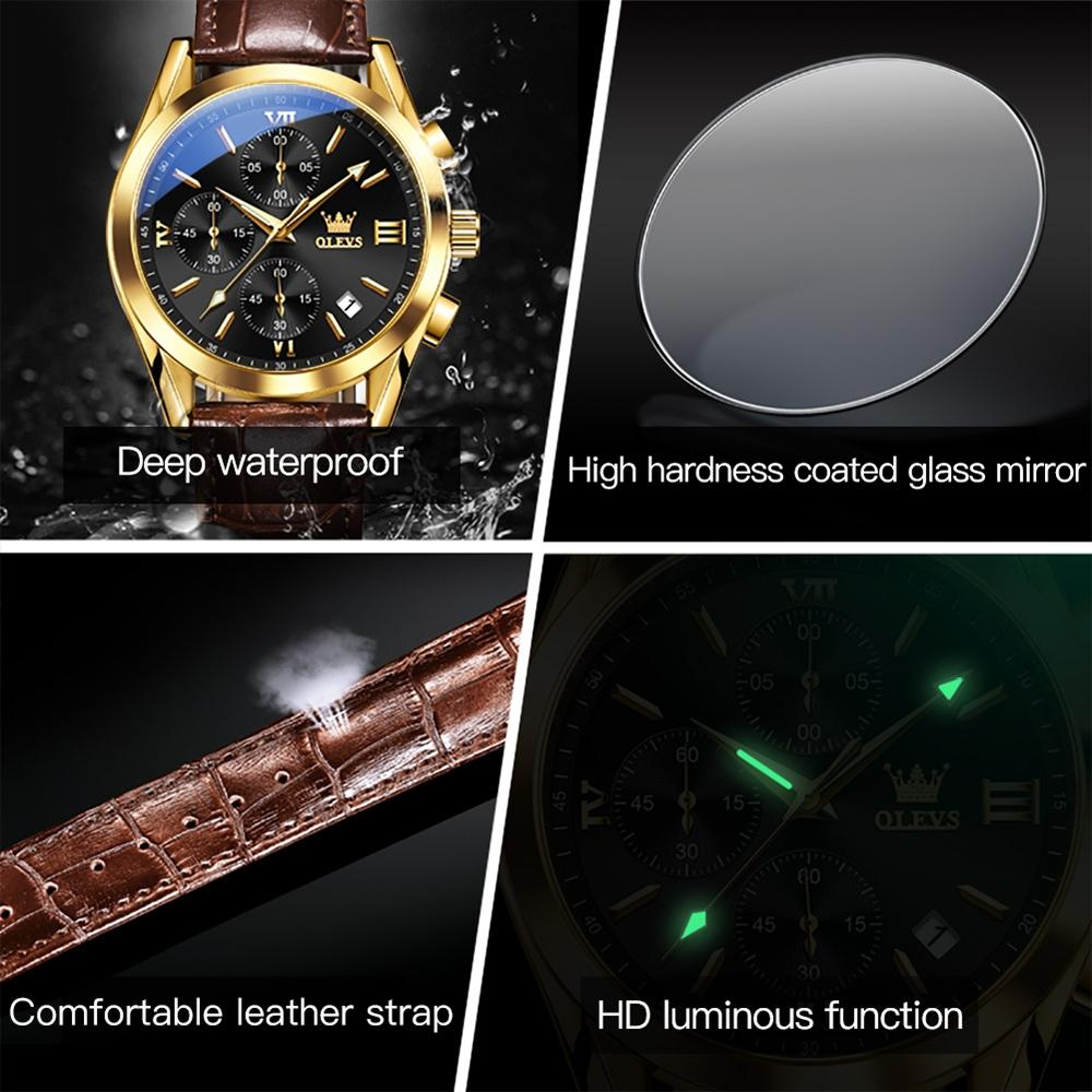 OLEVS 2872 Mens Chronograph Watch Waterproof Quartz Watch With Genuine Leather Strap 5