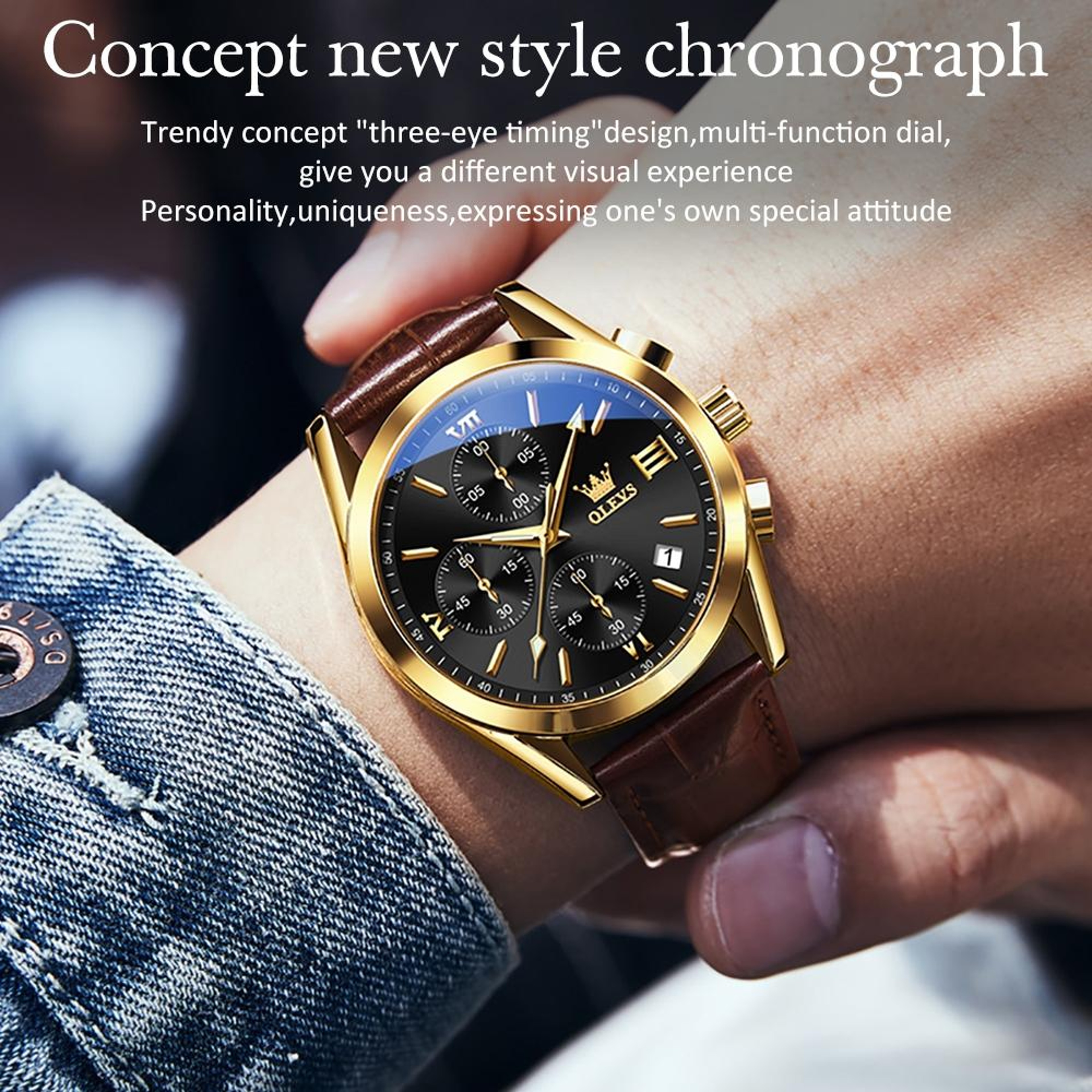 OLEVS 2872 Mens Chronograph Watch Waterproof Quartz Watch With Genuine Leather Strap 6