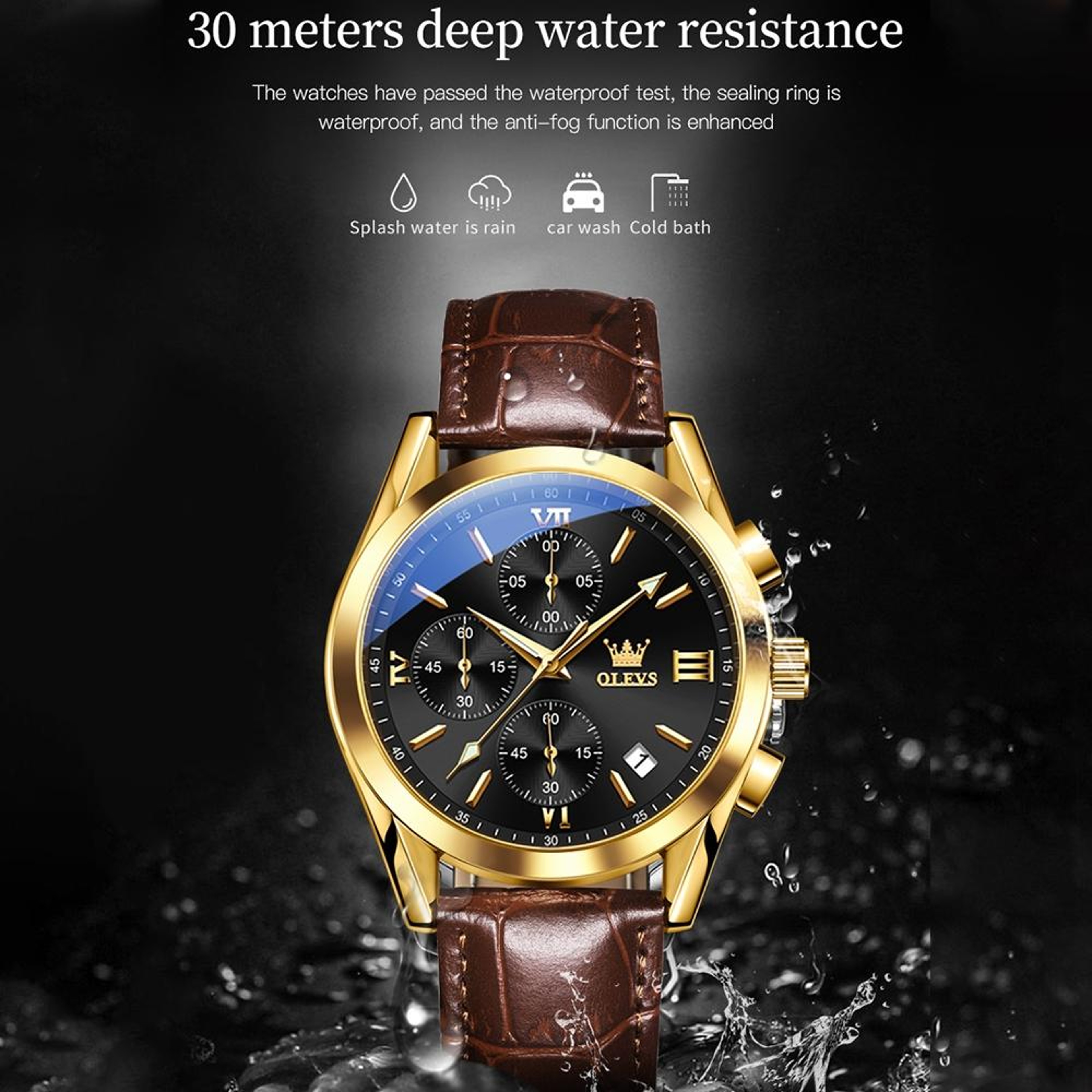 OLEVS 2872 Mens Chronograph Watch Waterproof Quartz Watch With Genuine Leather Strap 11