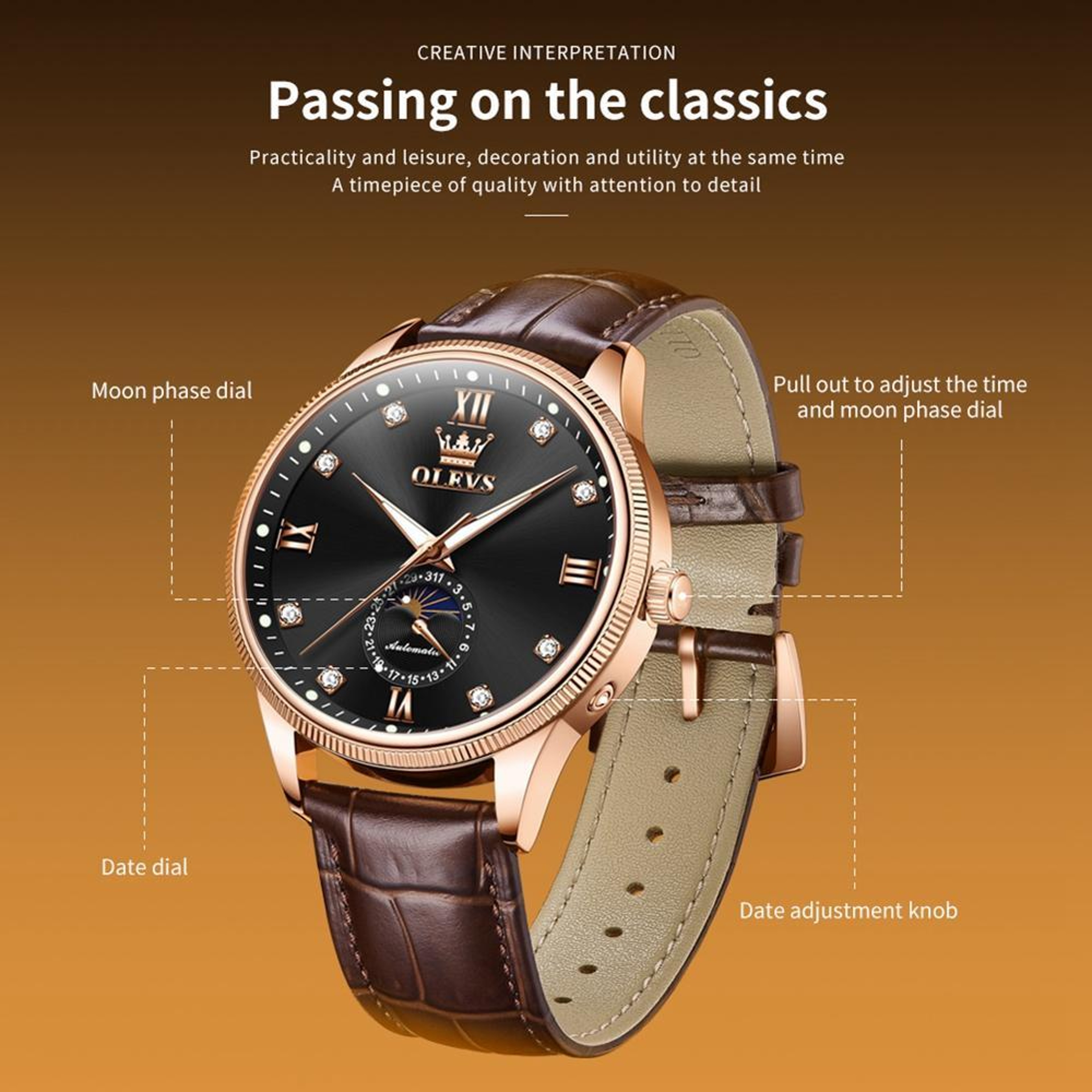 OLEVS 7039 Automatic Mechanical Watch For Men Moon Phase Leather Watch Luminous Waterproof Wristwat 4