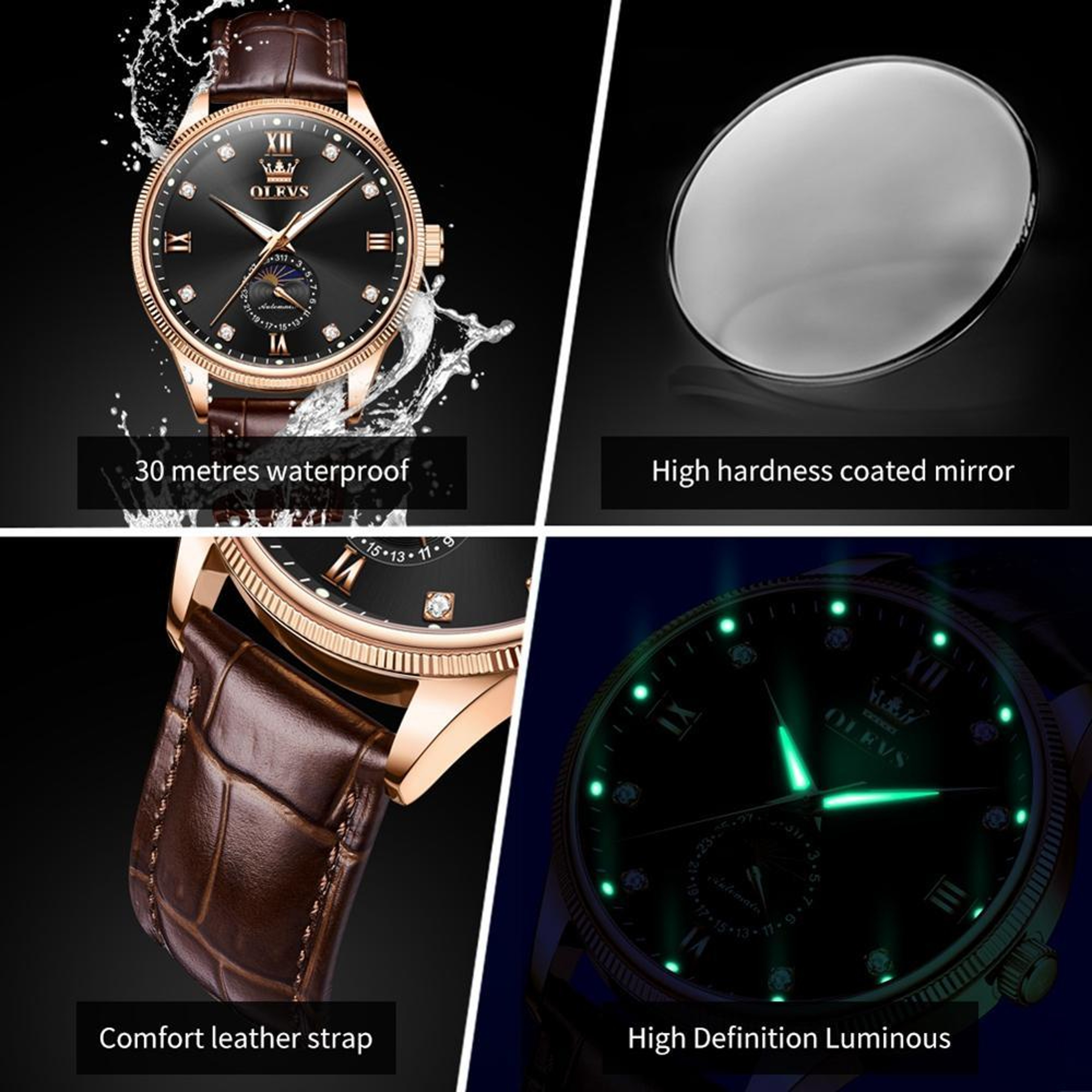 OLEVS 7039 Automatic Mechanical Watch For Men Moon Phase Leather Watch Luminous Waterproof Wristwat 6