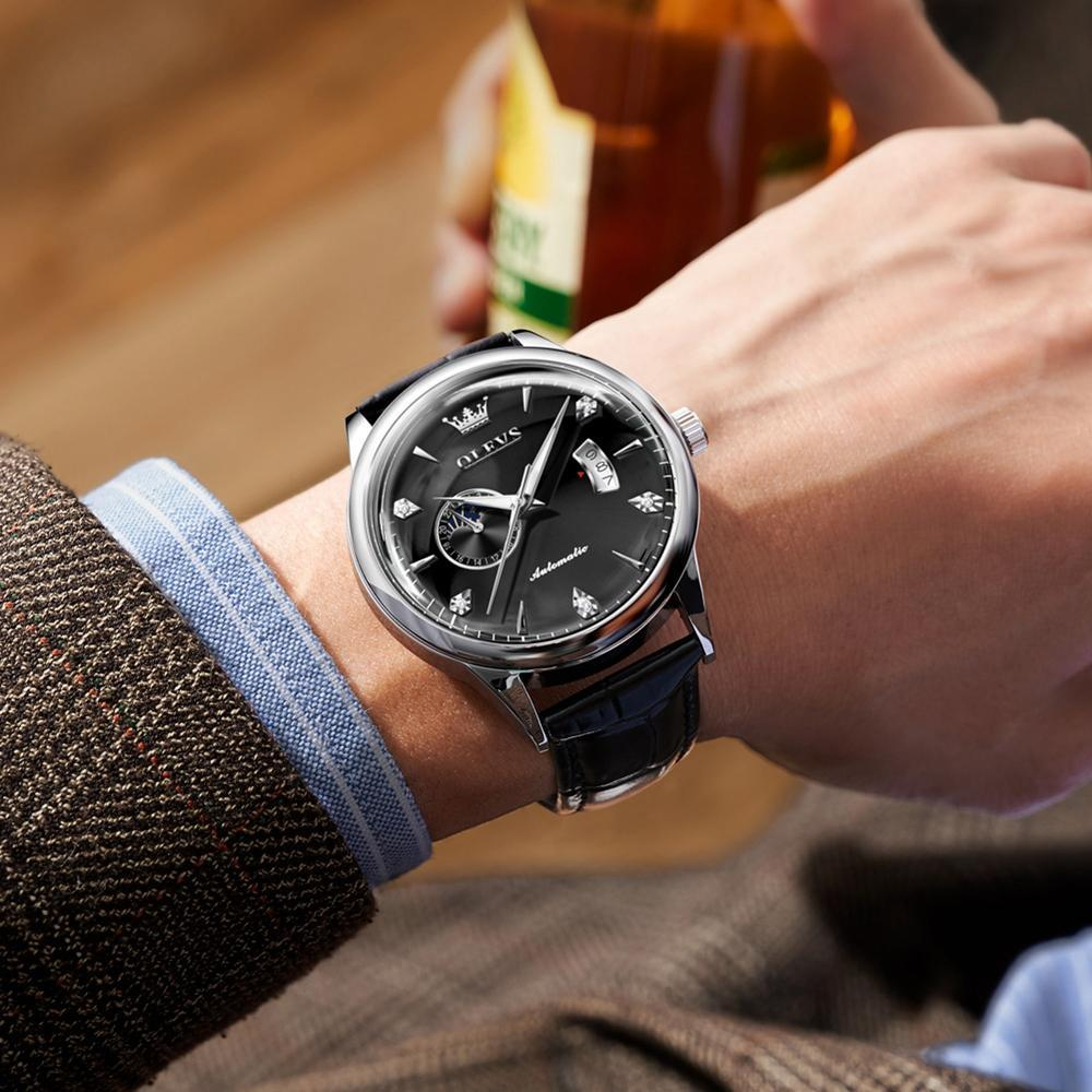 OLEVS 7040 Automatic Mechanical Watch For Men Sun Moon Star Leather Watch Luminous Waterproof 6