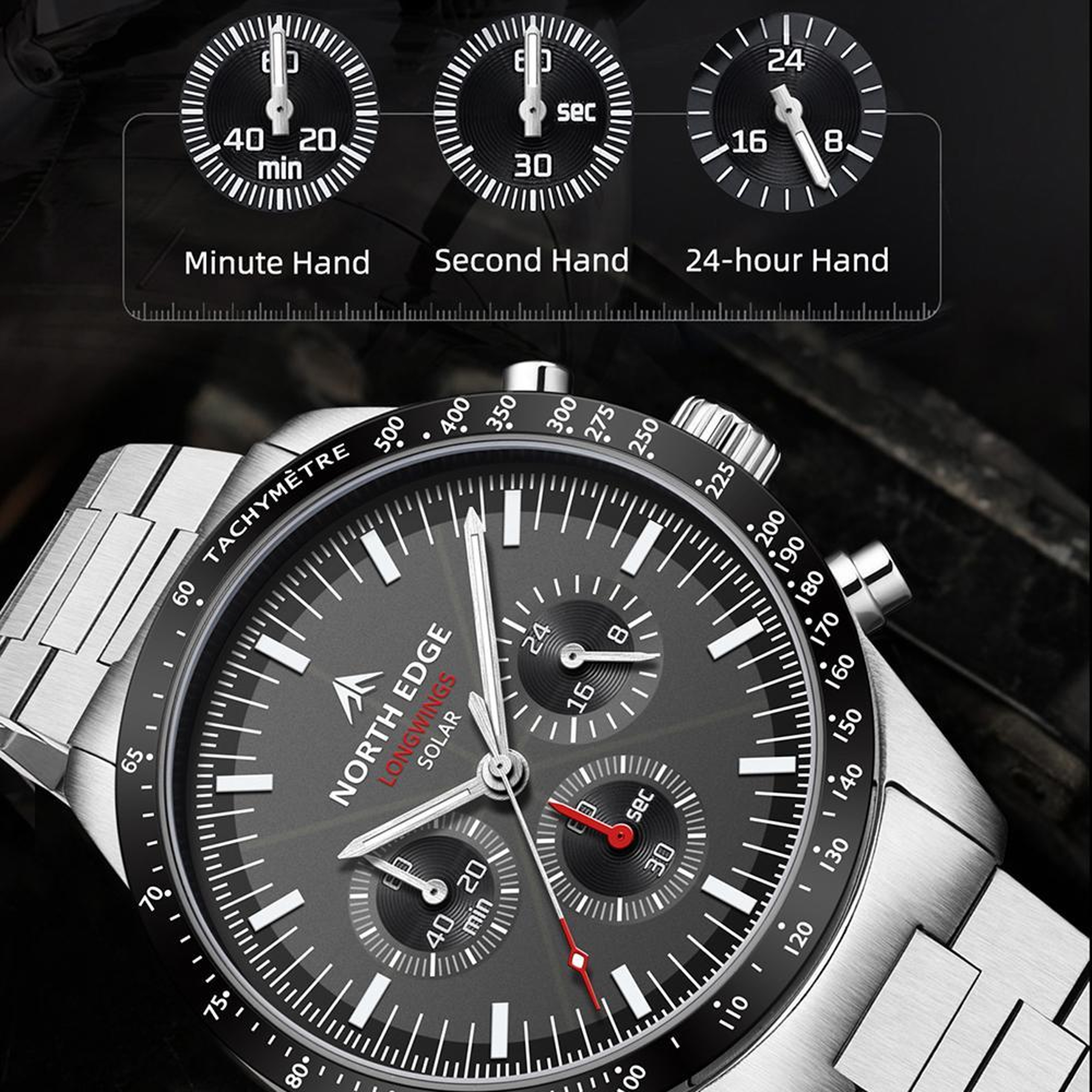 NORTH EDGE LONGWINGS Solar Powered Watch Stainless Steel Outdoor Sports Watch For Men 6
