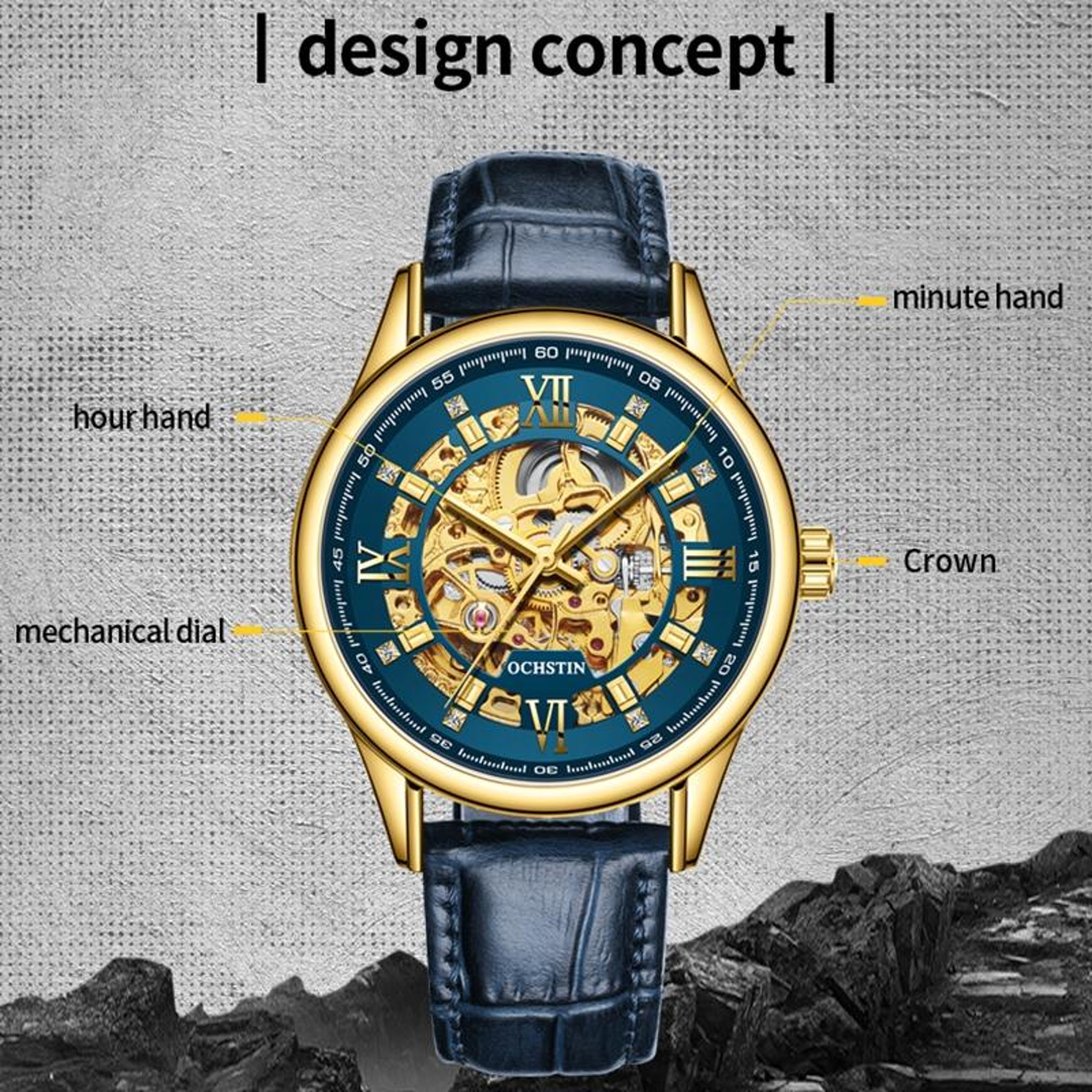 OCHSTIN 6020D Mechanical Watch Genuine Leather Mens Skeleton Watch 5