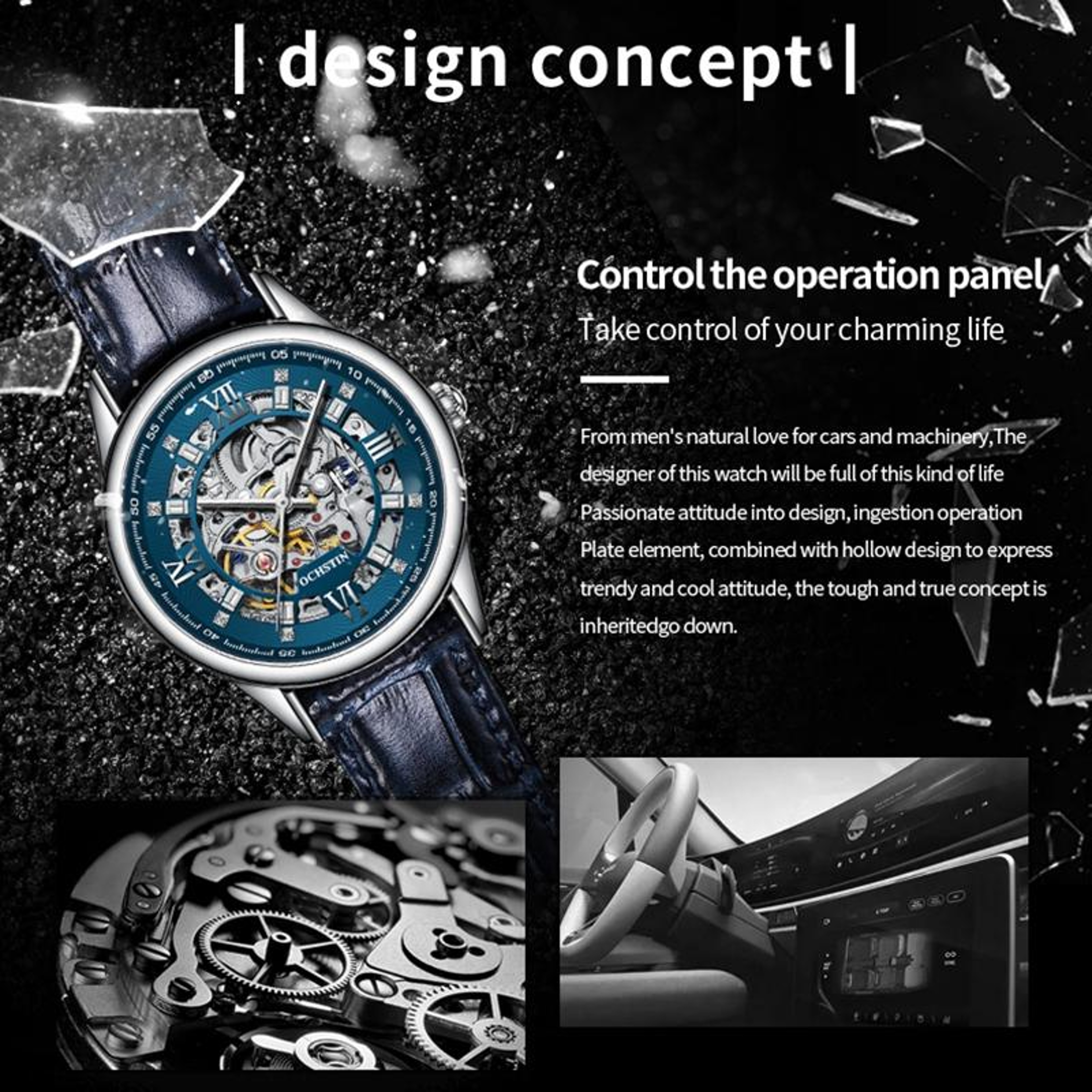 OCHSTIN 6020D Mechanical Watch Genuine Leather Mens Skeleton Watch 6