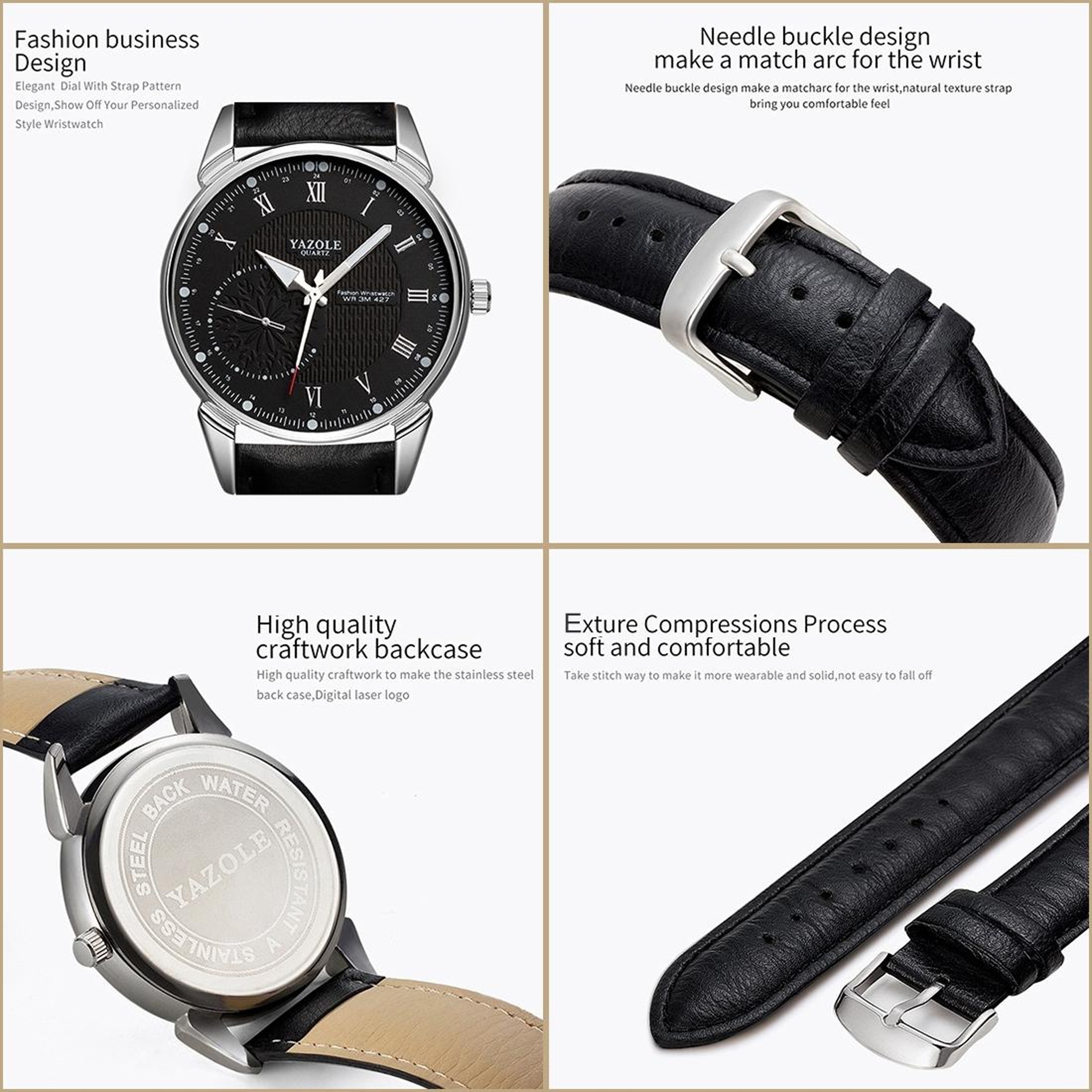 YAZOLE 427 Mens Quartz Watch Business Leather Strap Watch With Luminous Dial 2