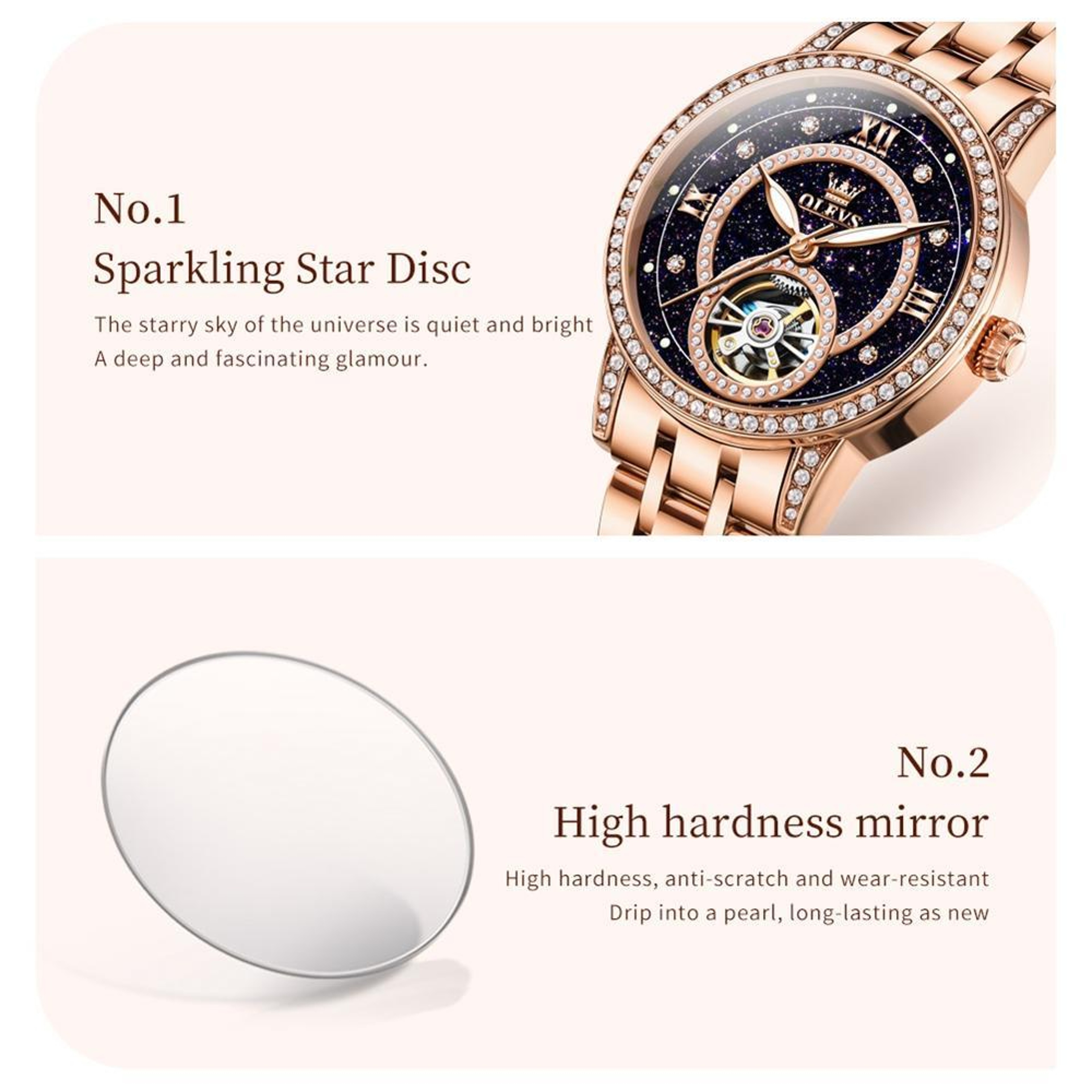 OLEVS 7036 Womens Mechanical Watch Starry Sky Skeleton Dial Luminous Stainless Steel Dress Watch 6