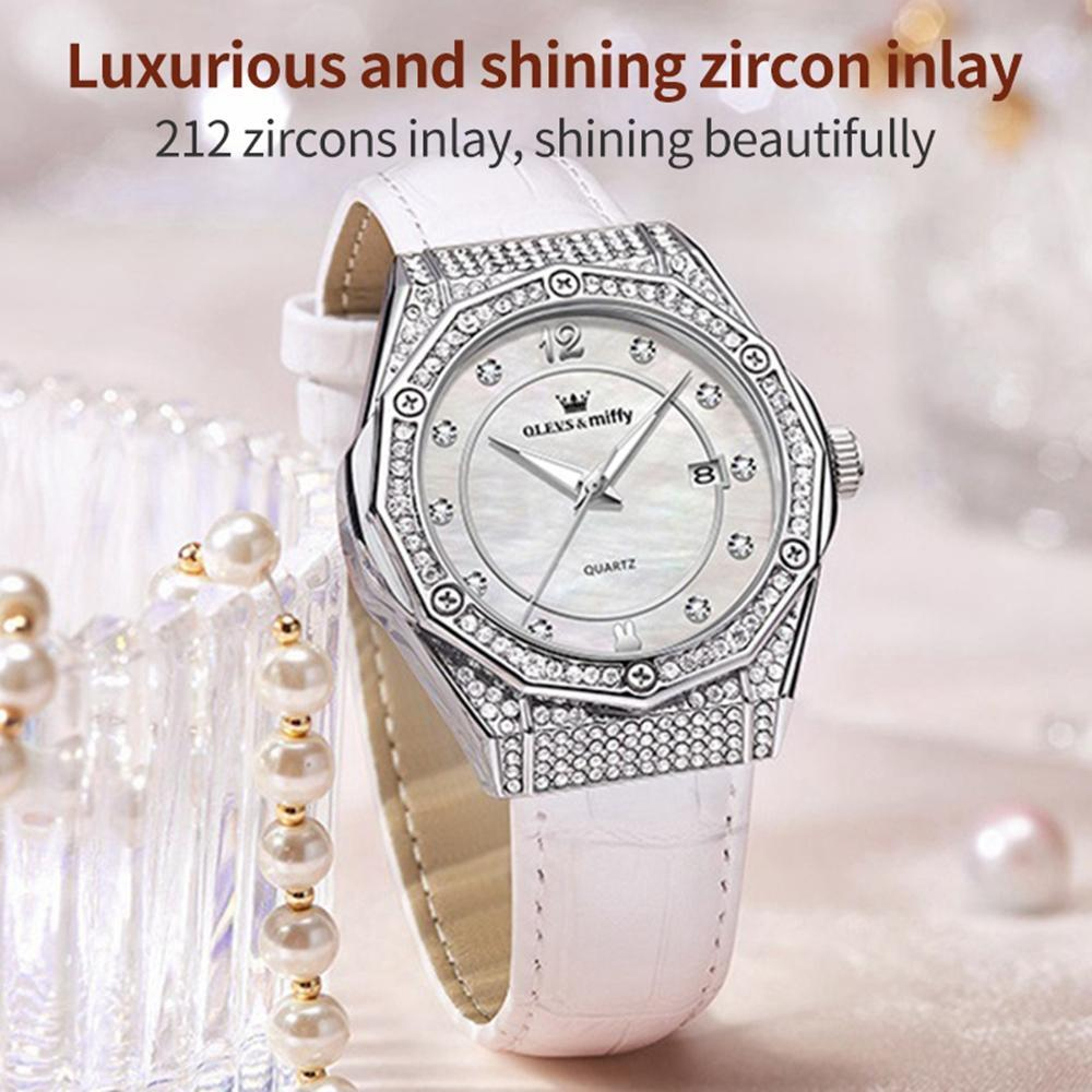 OLEVS 1003 Womens Quartz Watch Diamond Leather Waterproof Date Dress Watch 3