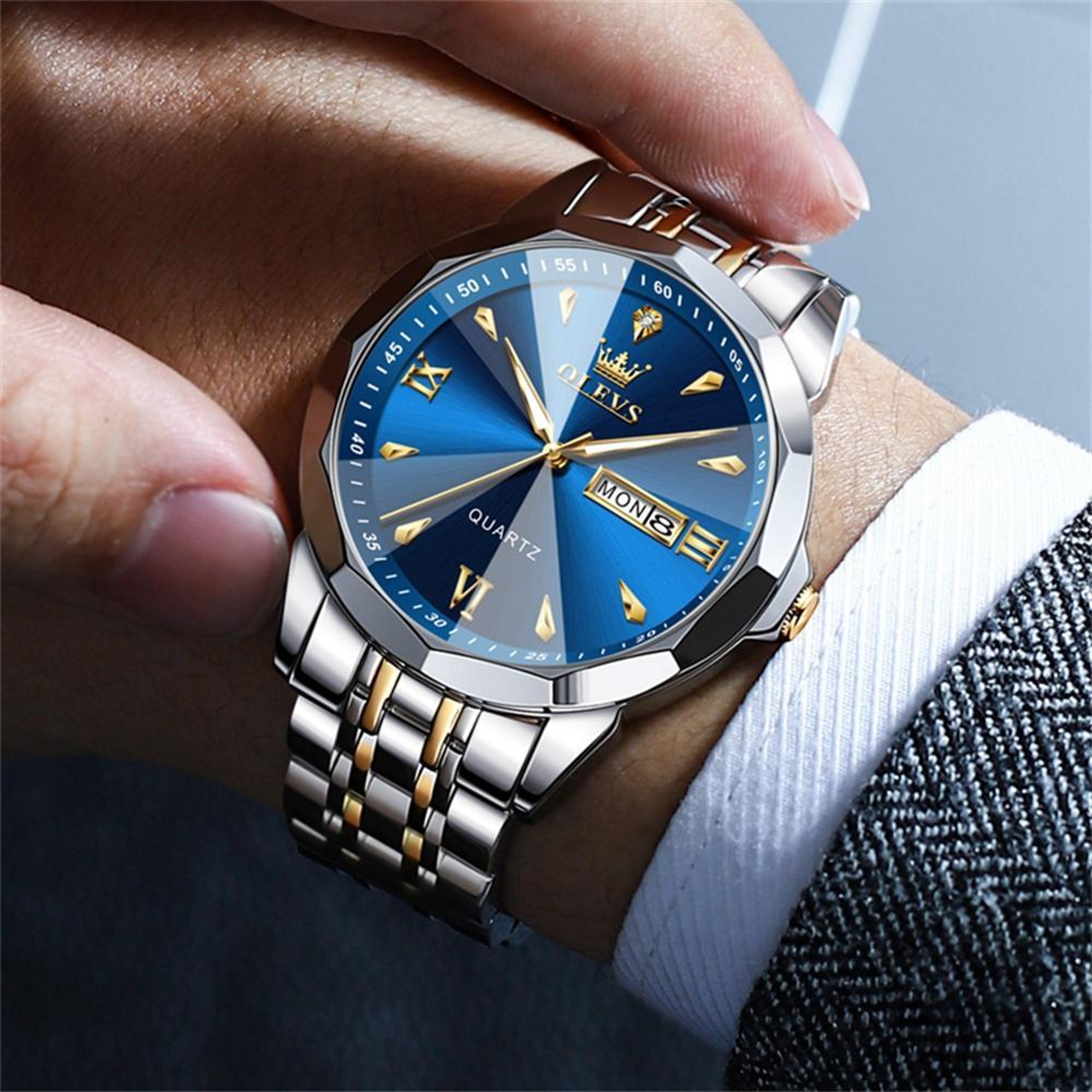 OLEVS 9998 Mens Quartz Watch Diamond Dial Waterproof Watch With Dual Calendar Stainless Steel Strap 6