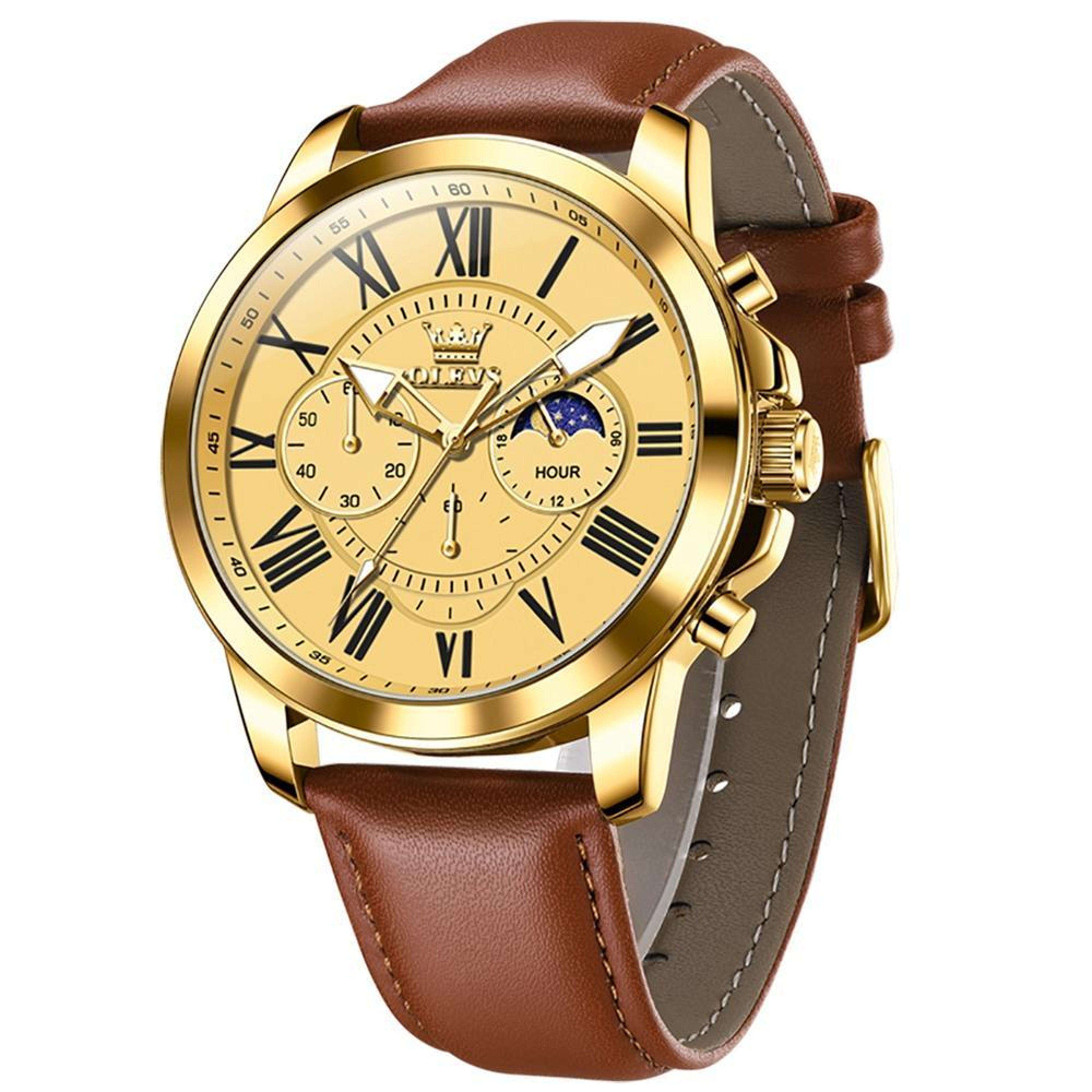 OLEVS 9998 Mens Quartz Watch Diamond Dial Waterproof Leather Business Watch With Dual Calendar 6