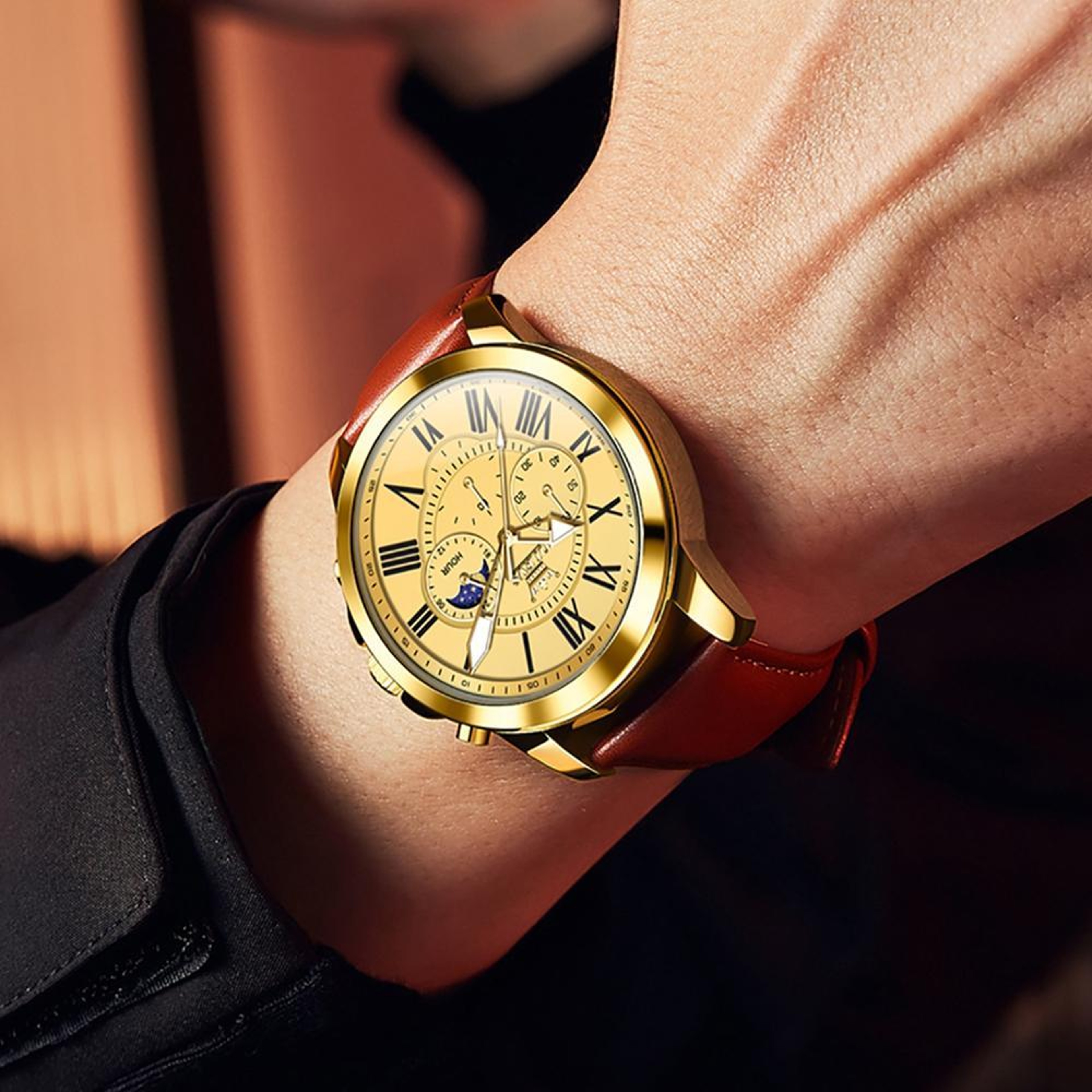 OLEVS 9998 Mens Quartz Watch Diamond Dial Waterproof Leather Business Watch With Dual Calendar 8