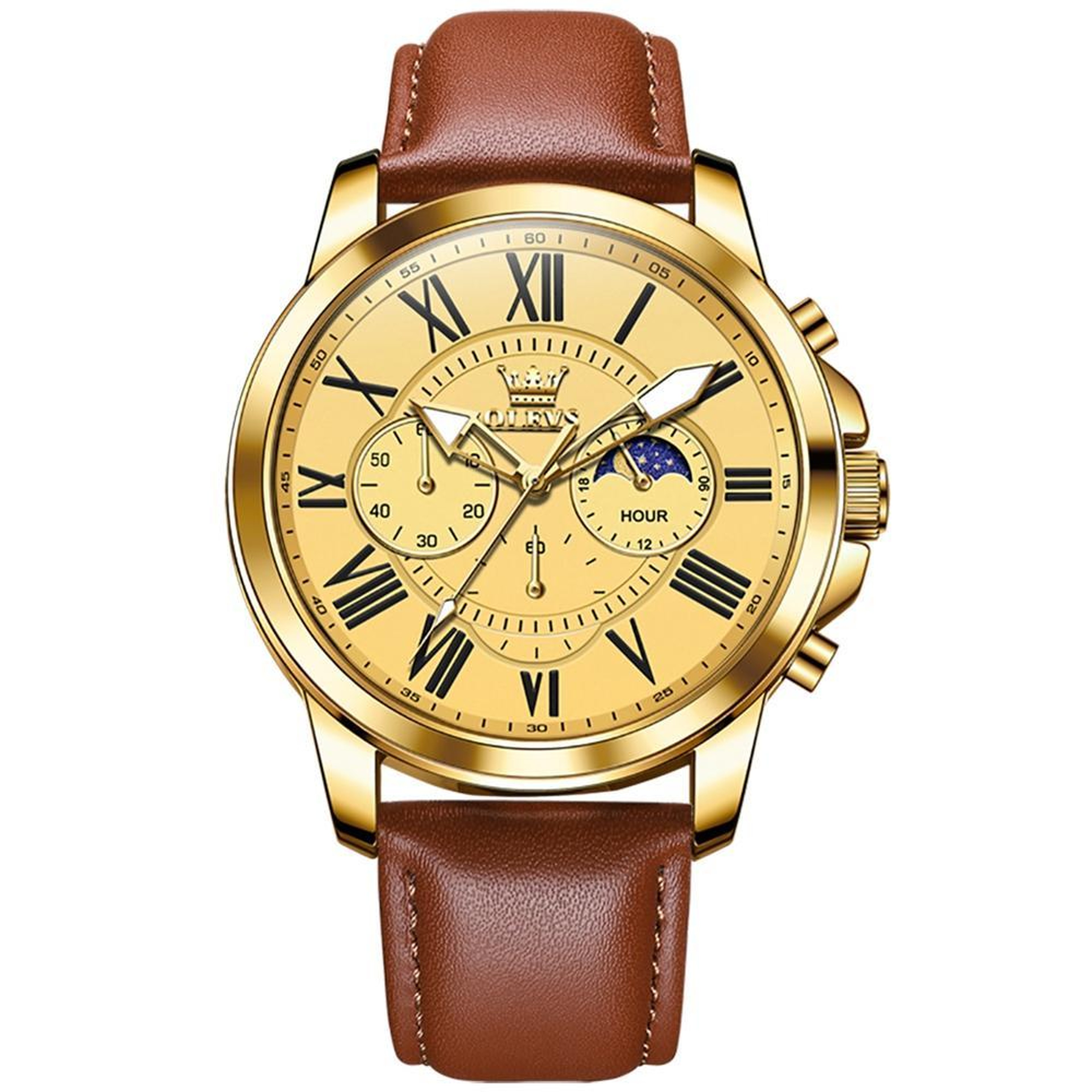 OLEVS 9998 Mens Quartz Watch Diamond Dial Waterproof Leather Business Watch With Dual Calendar 0
