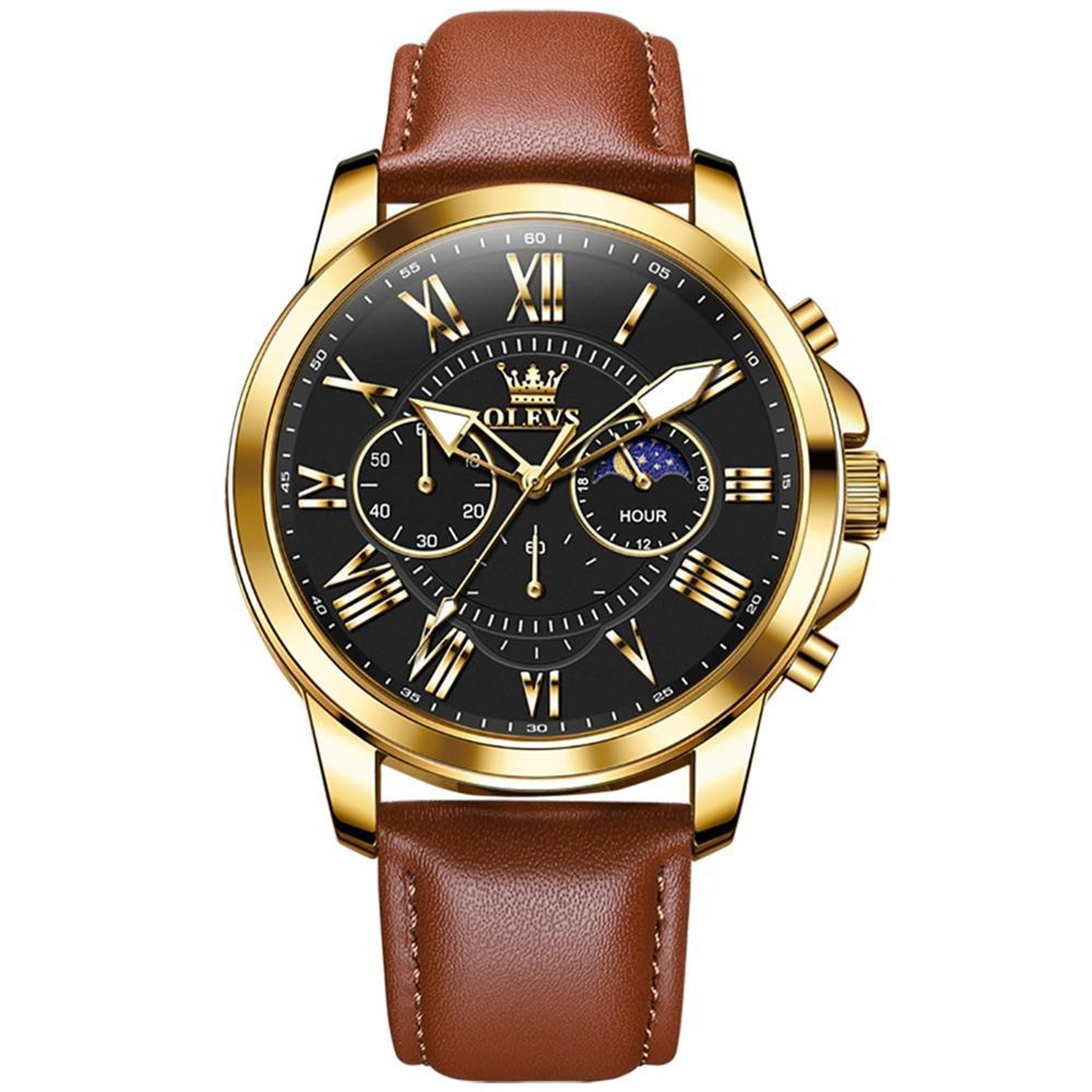 OLEVS 9998 Mens Quartz Watch Diamond Dial Waterproof Leather Business Watch With Dual Calendar 9