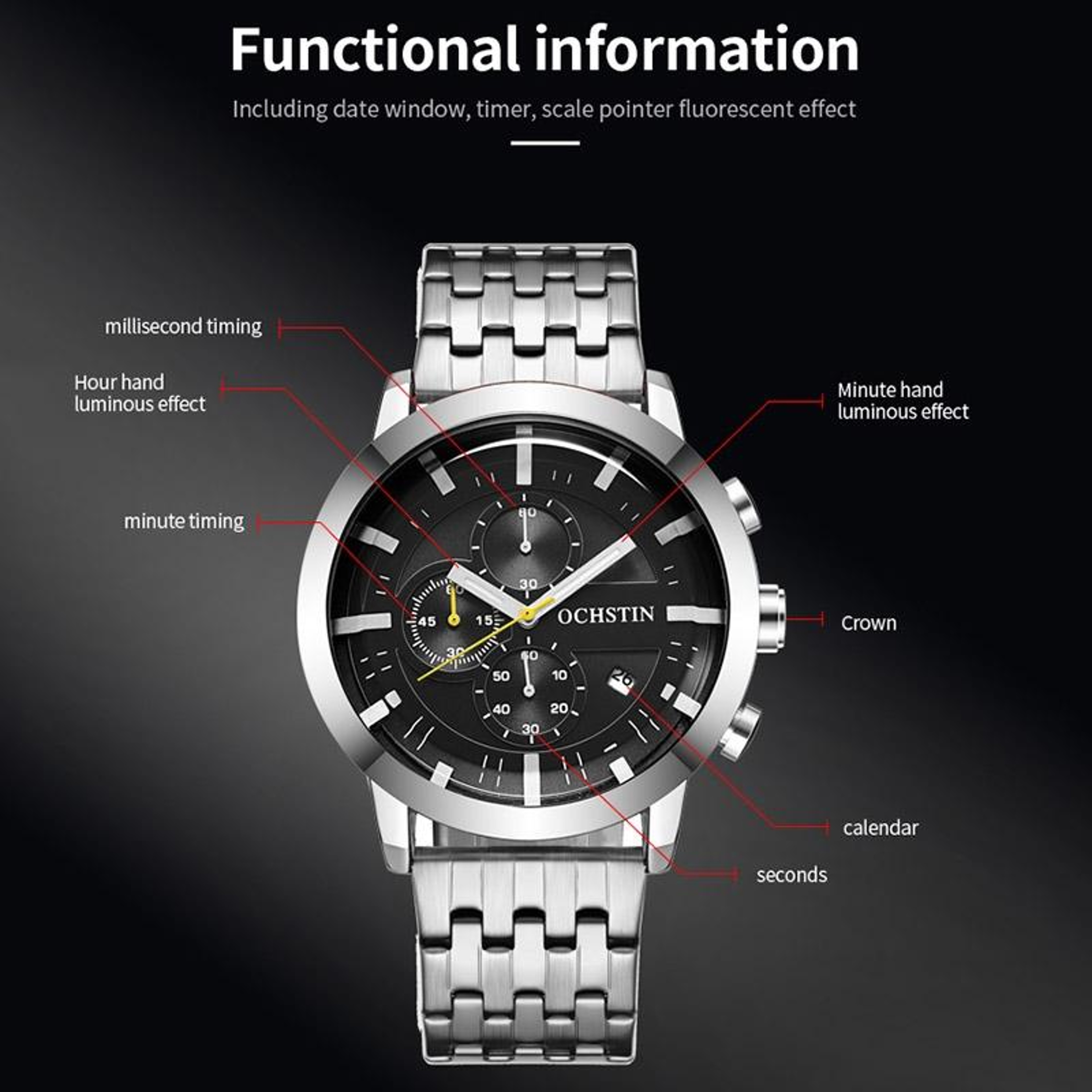 OCHSTIN 7248 Mens Stainless Steel Watch Multifunctional Quartz Business Dress Watch 4