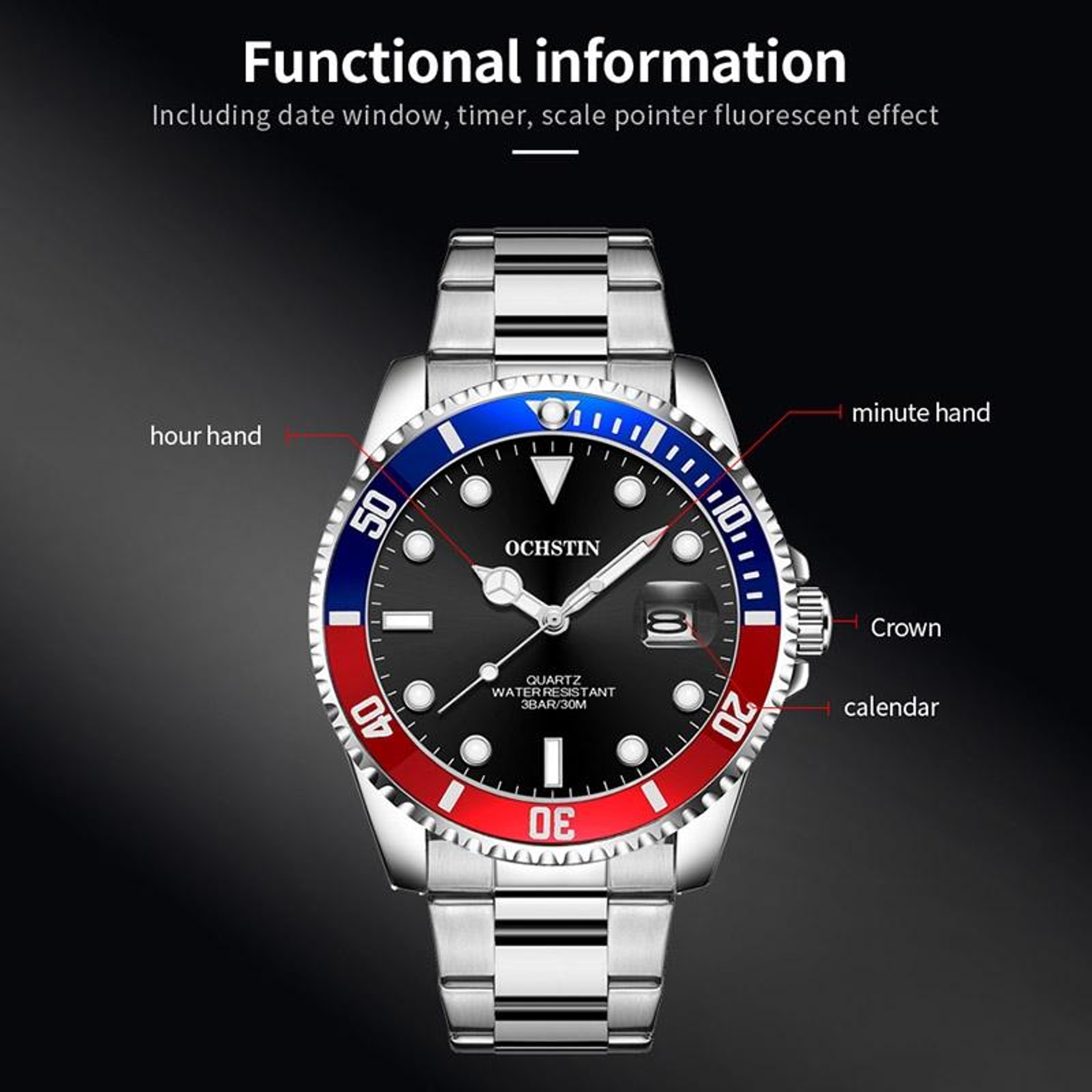 OCHSTIN 7019E Mens Stainless Steel Chronograph Watch Luminous Waterproof Business Quartz Watch 3