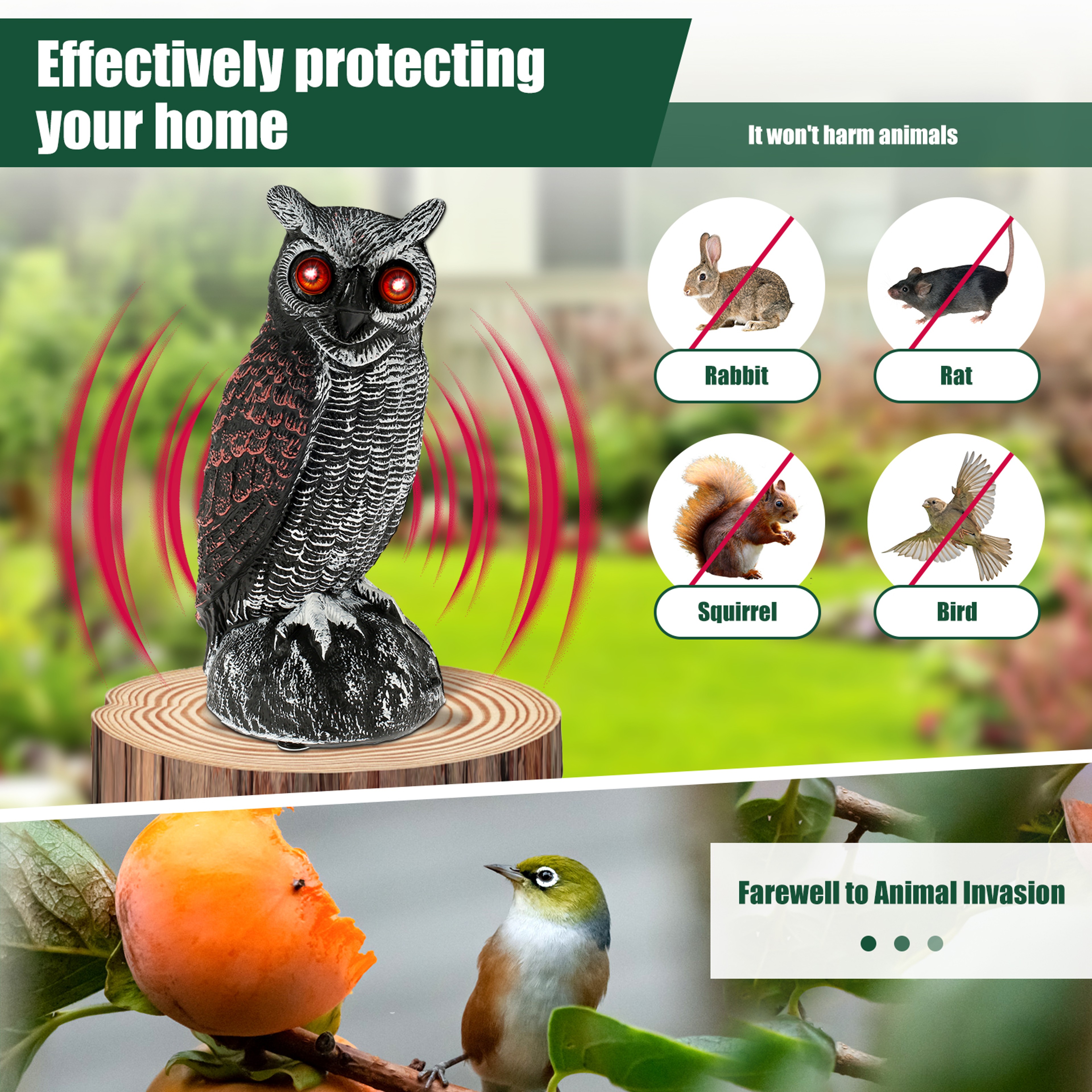 Waterproof Garden Fake Owl Deterrent, New Solar Owl Scare Bird Control, Emits Scary Sound and Eyes Light – view 6